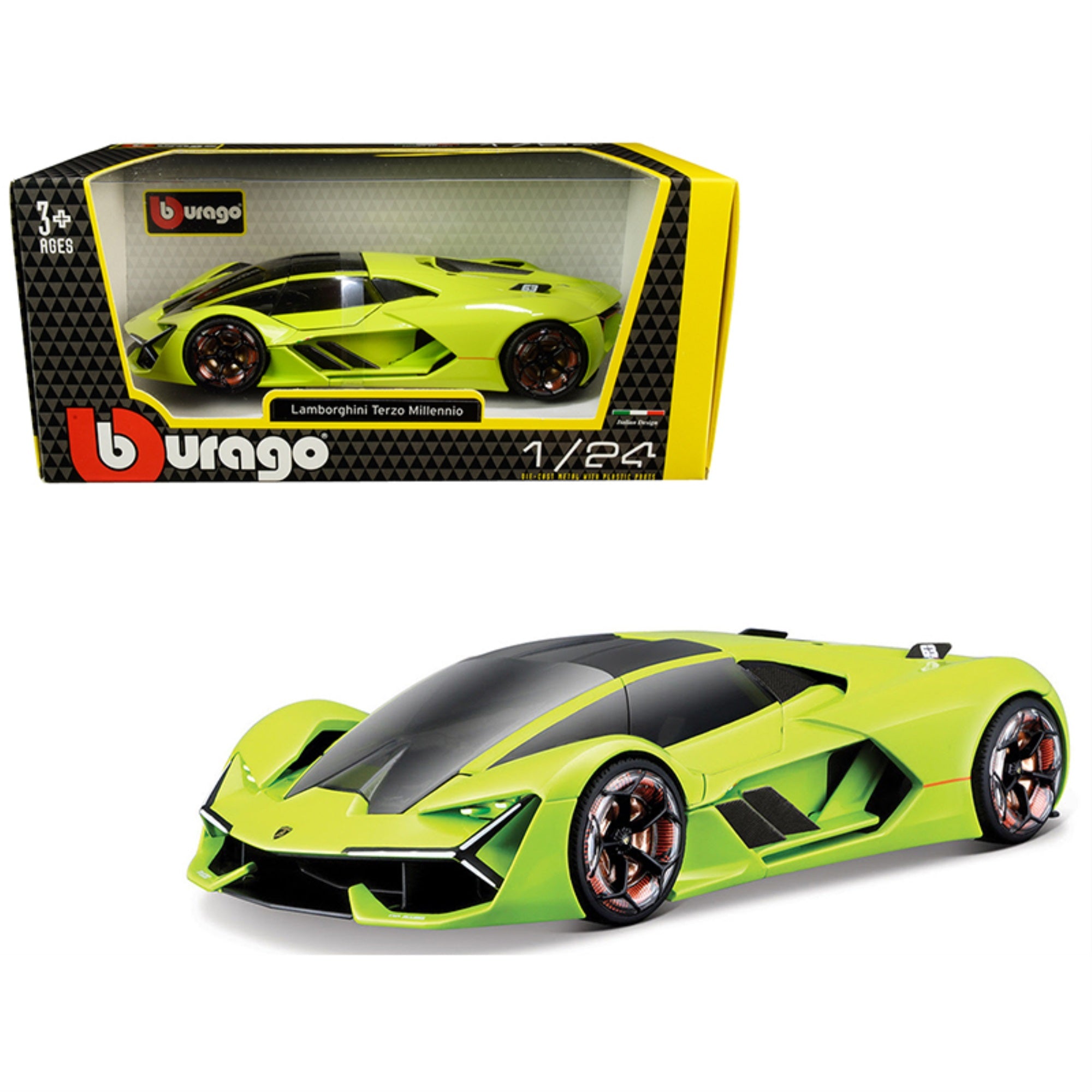 Lamborghini Terzo Millennio Lime Green With Black Top And Carbon Accents 1/24 Diecast Model Car By Bburago