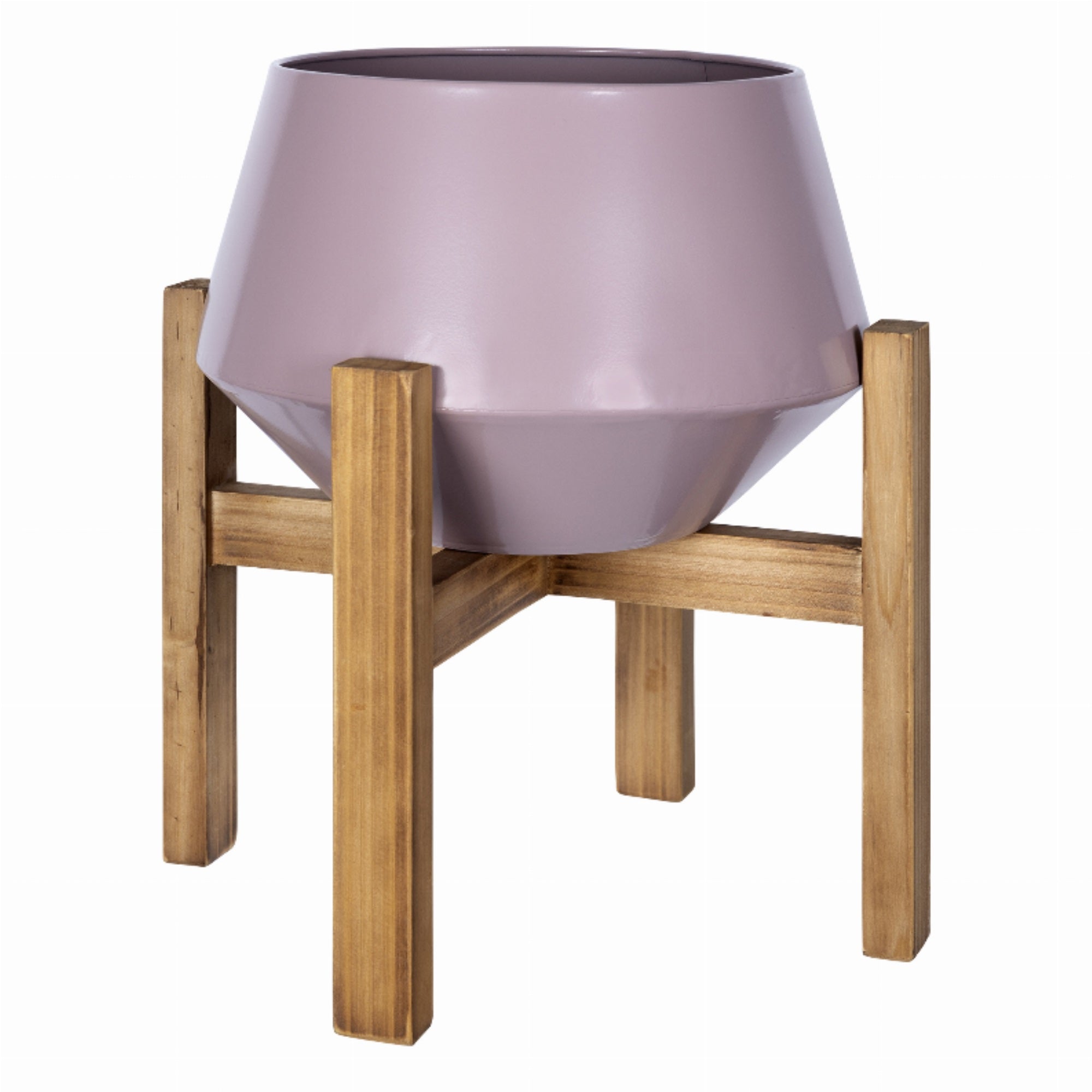 Modern Matte Pink Metal And Wood Plant Stand
