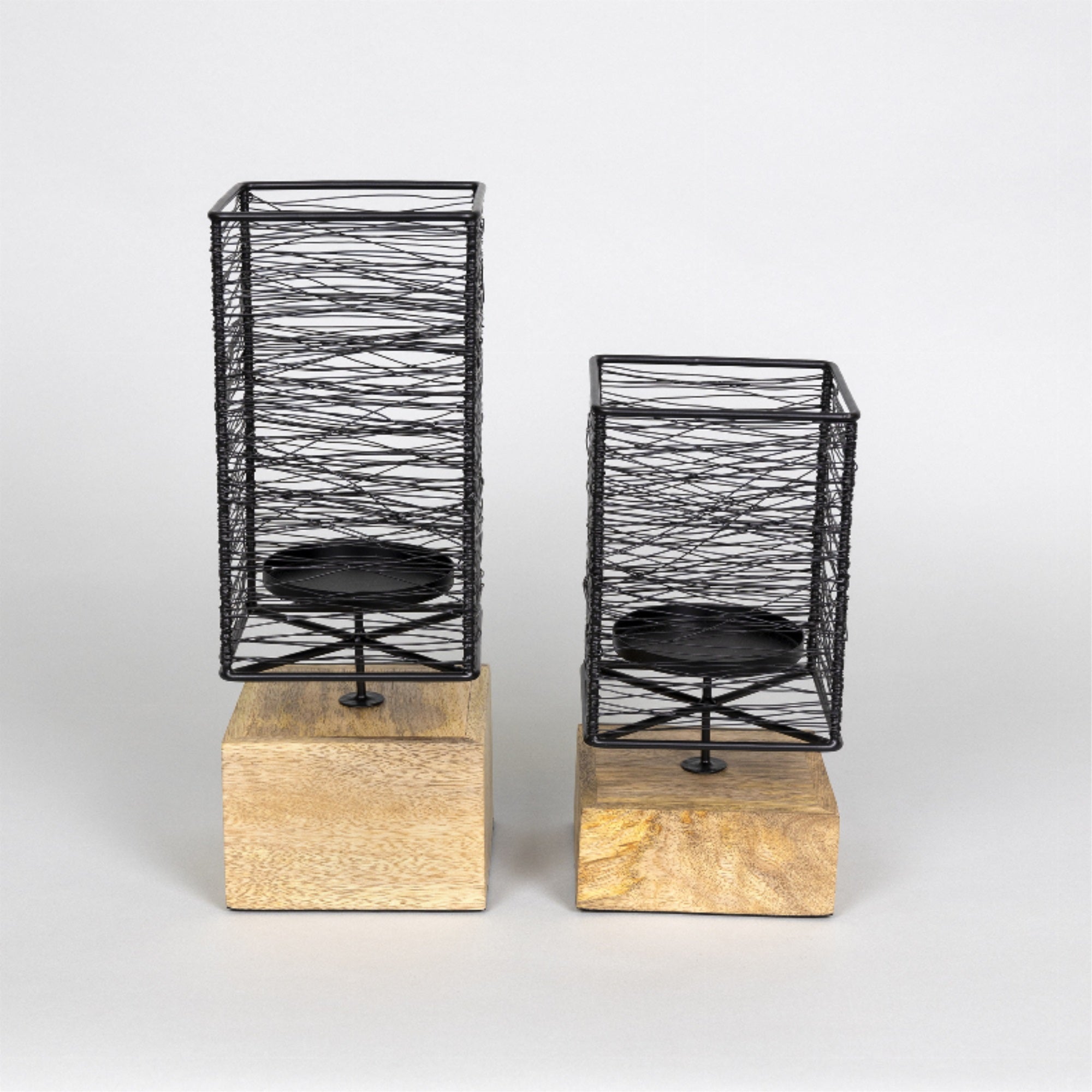Set Of 2 Mango Wood & Metal Candle Holders