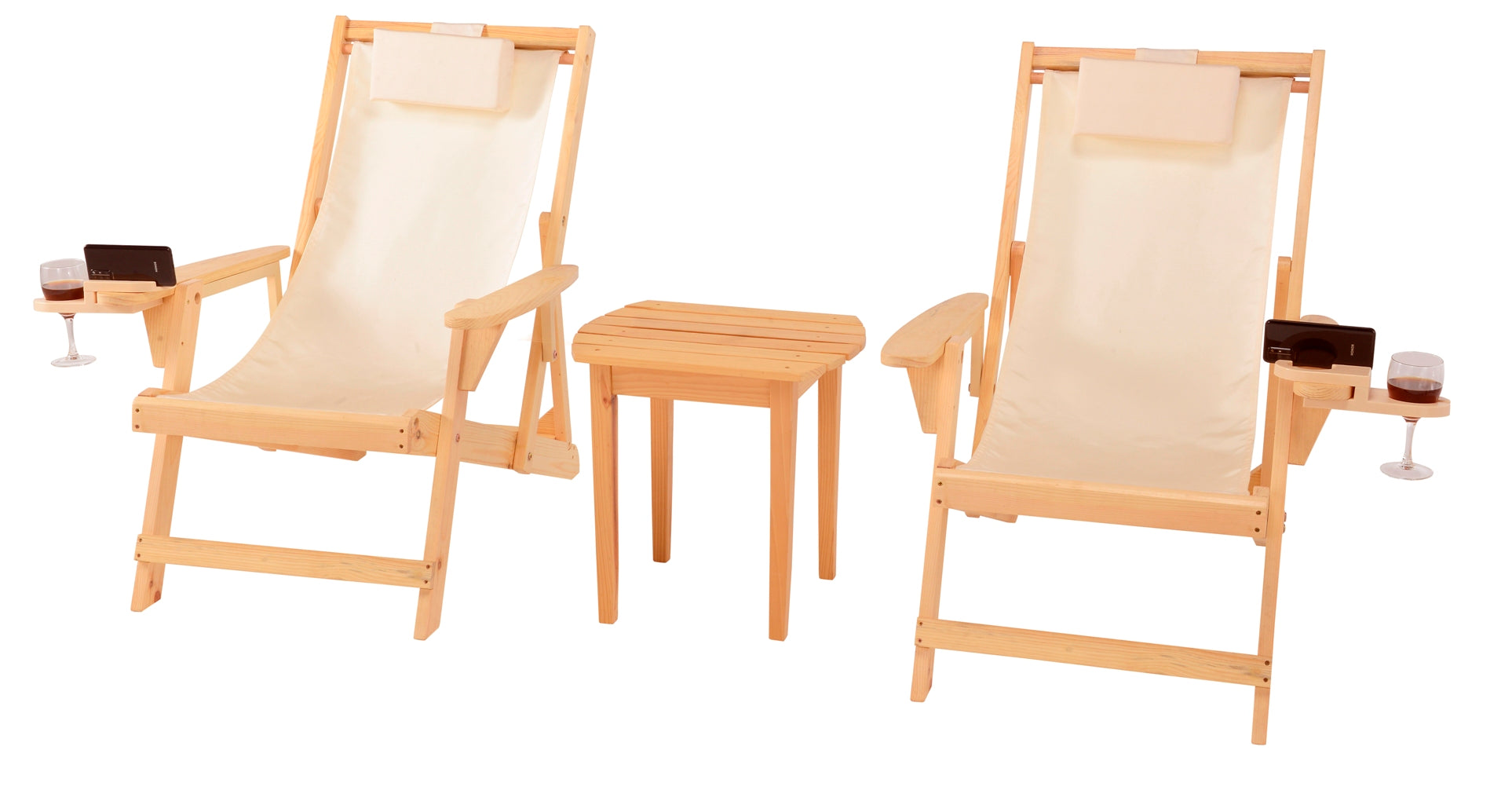 Romantic Collection Canvas Sling Chairs with Cup and Wine Holder and end table