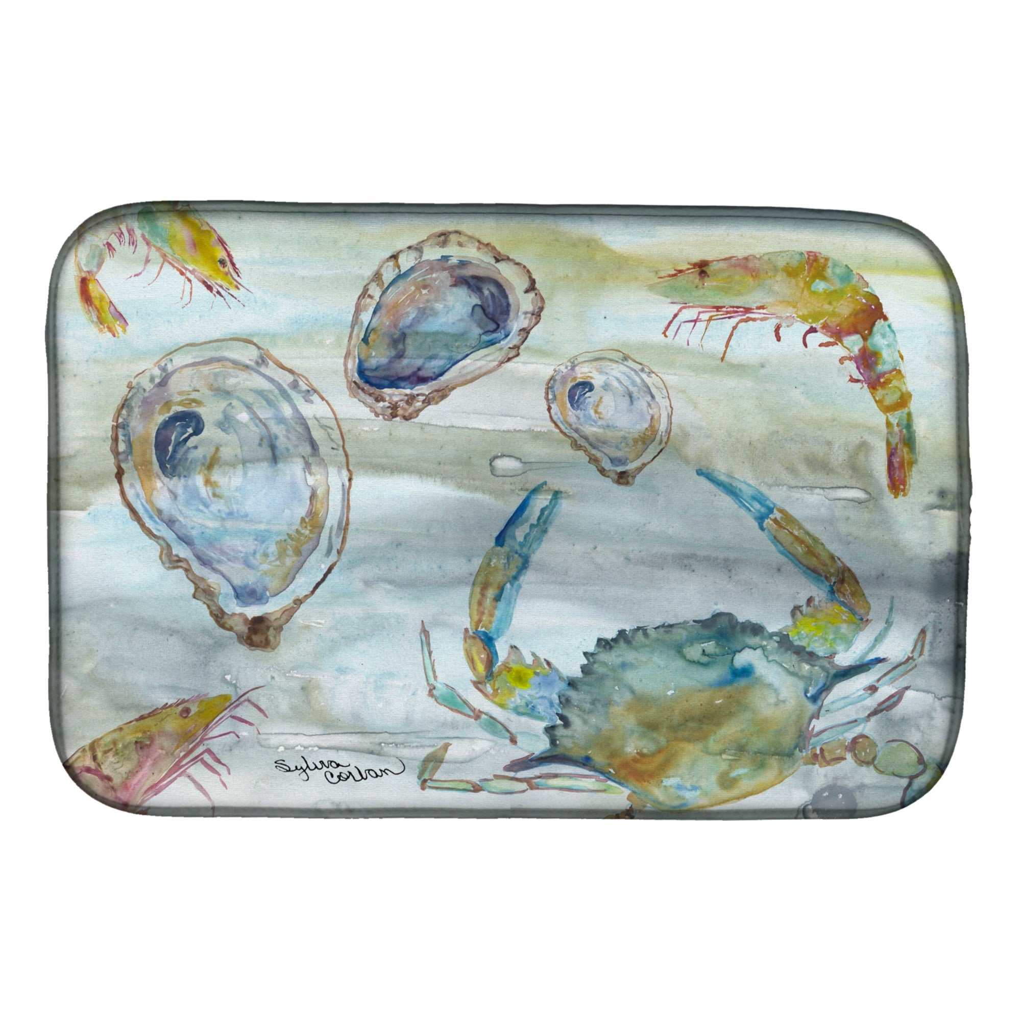 Crab, Shrimp And Oyster Watercolor Dish Drying Mat