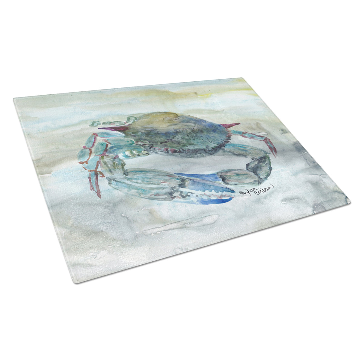 Blue Crab Watercolor Glass Cutting Board Large