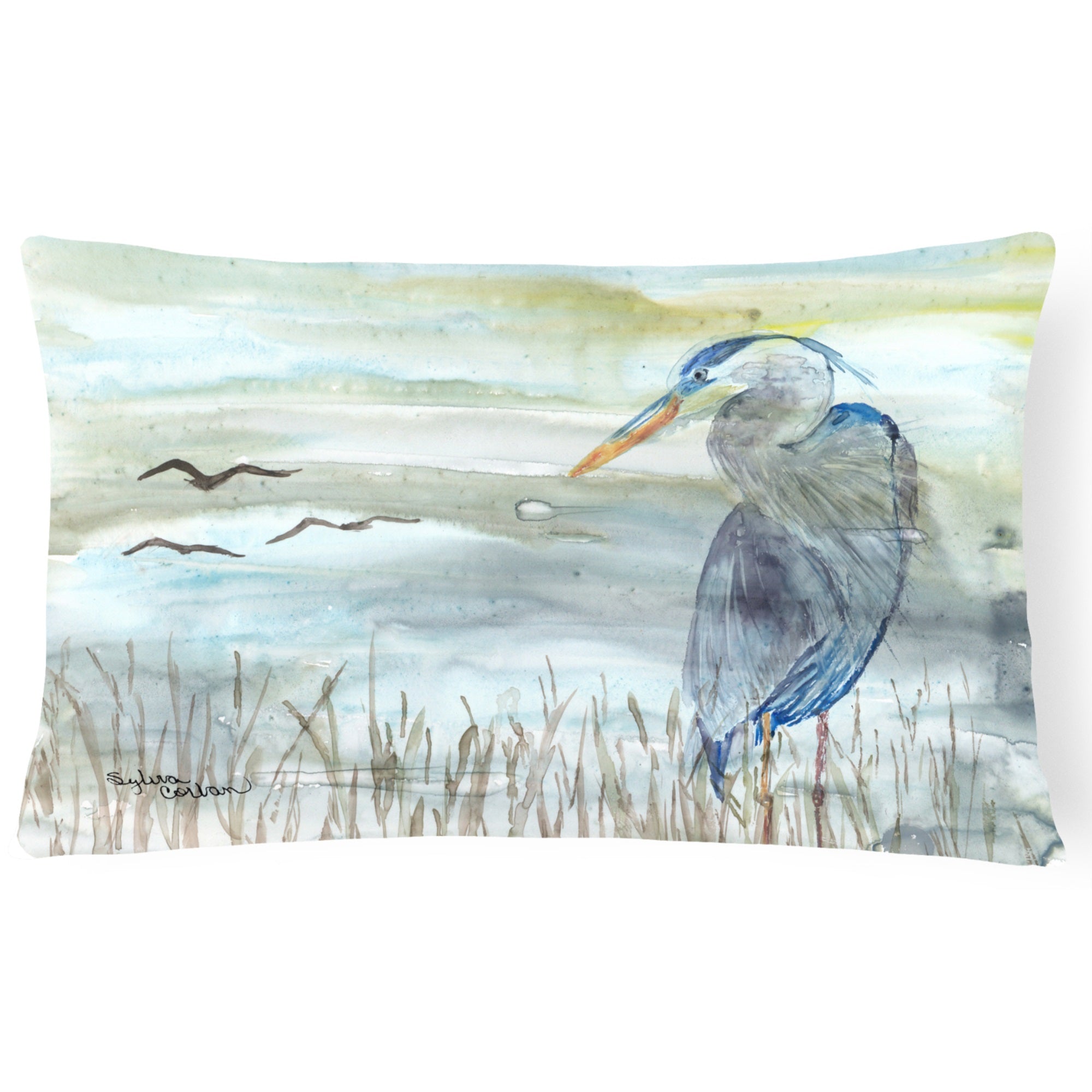 Blue Heron Watercolor Canvas Fabric Decorative Pillow