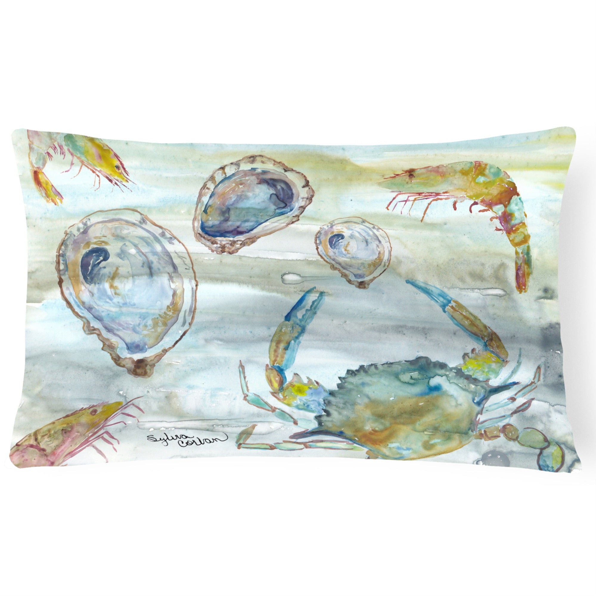 Crab, Shrimp And Oyster Watercolor Canvas Fabric Decorative Pillow