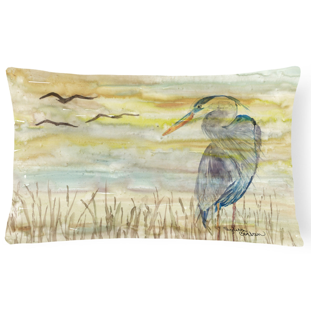 Blue Heron Yellow Sky Canvas Fabric Decorative Pillow