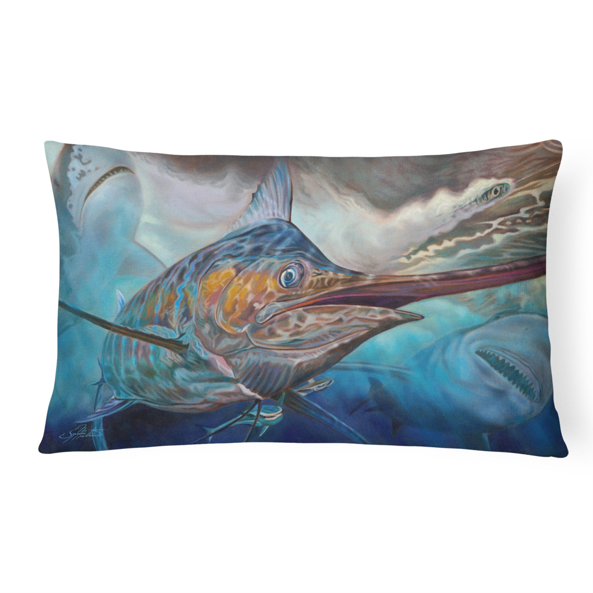 Running The Guantlet Blue Marlin Canvas Fabric Decorative Pillow