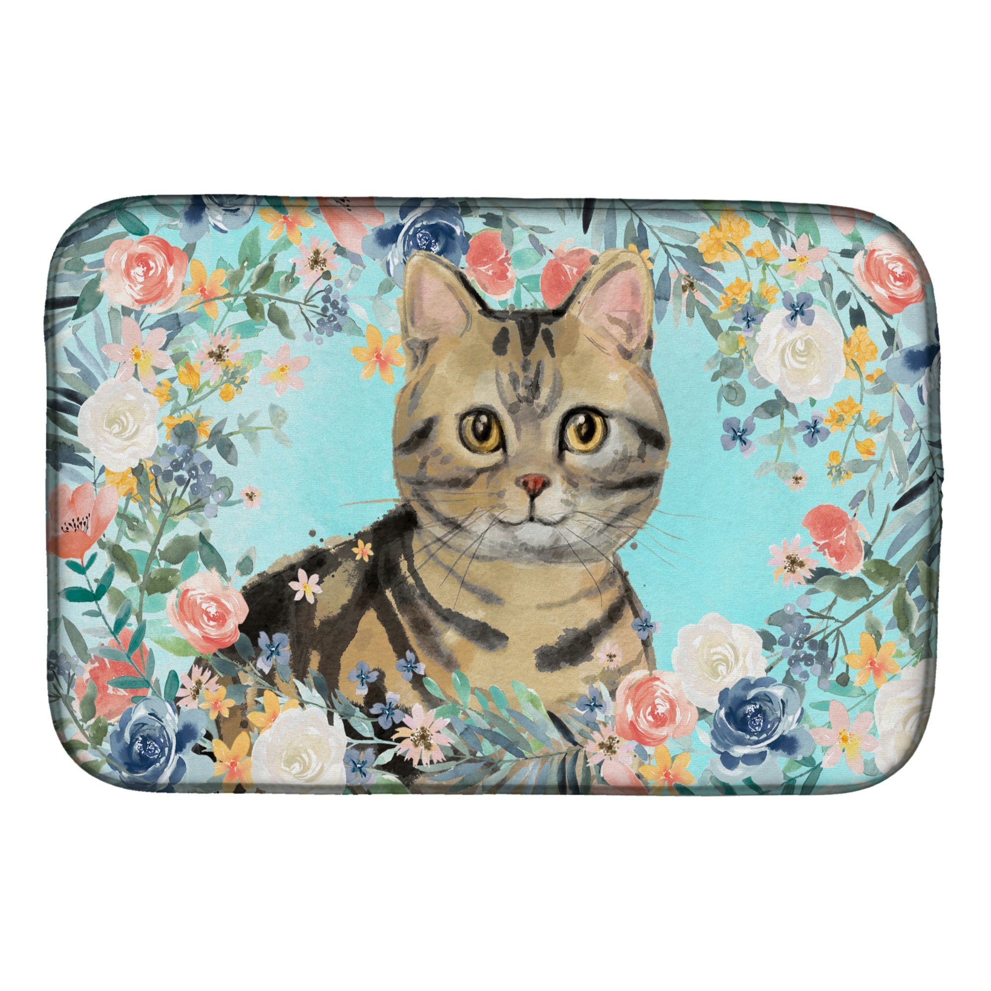 American Shorthair Brown Tabby Spring Flowers Dish Drying Mat