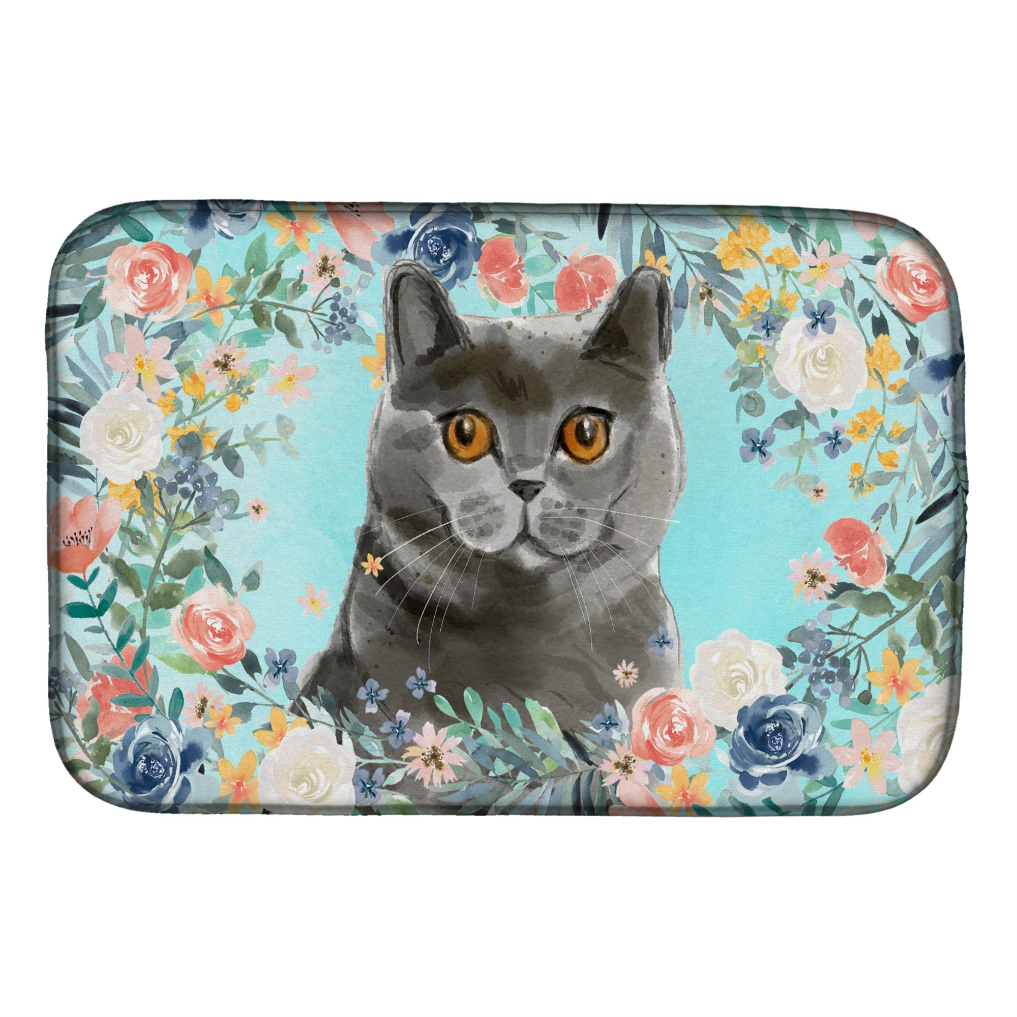 British Shorthair Spring Flowers Dish Drying Mat