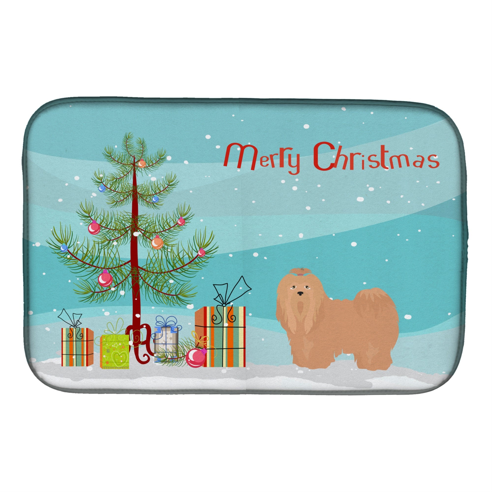 Tan Lhasa Apso Christmas Tree Dish Drying Mat