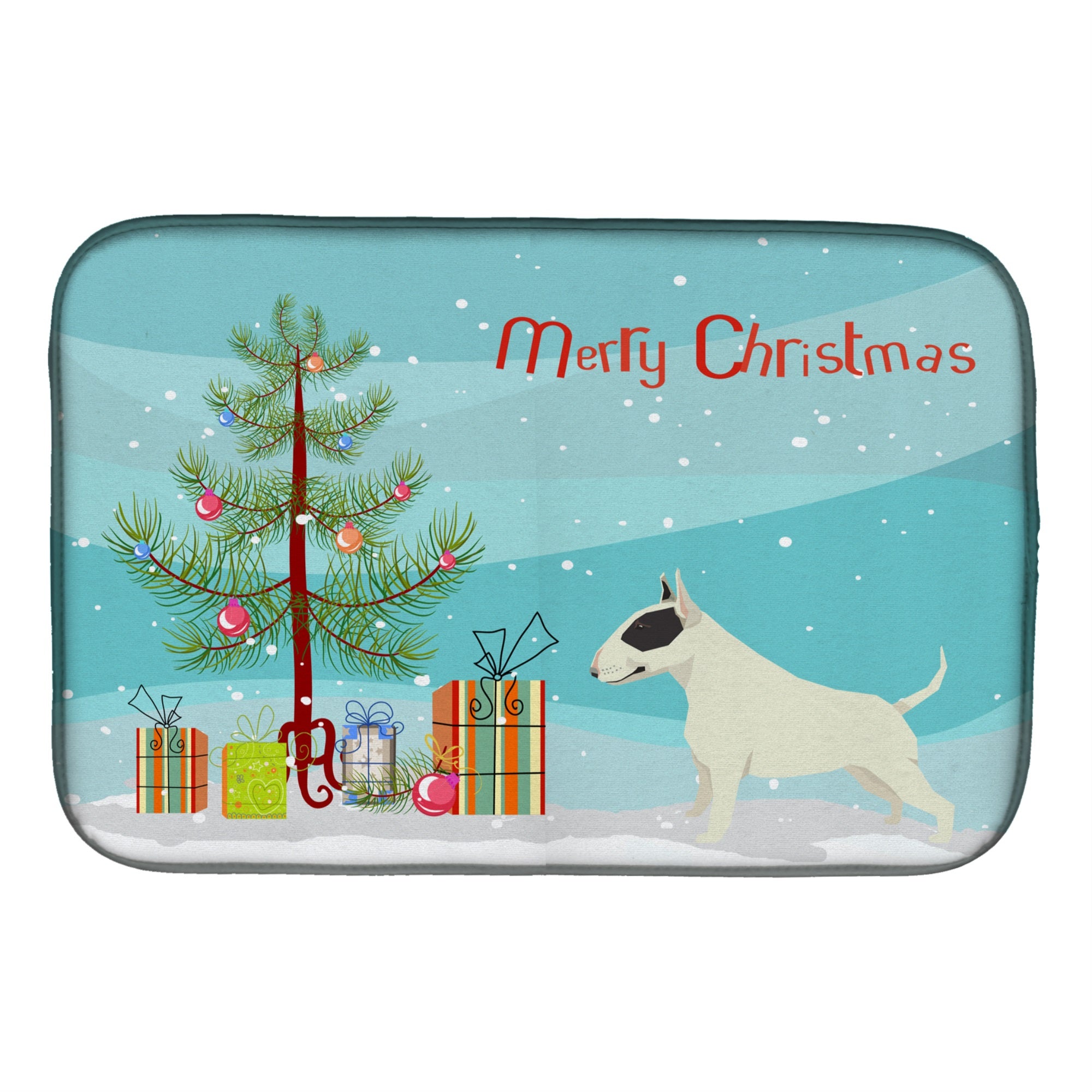 Black And White Bull Terrier Christmas Tree Dish Drying Mat