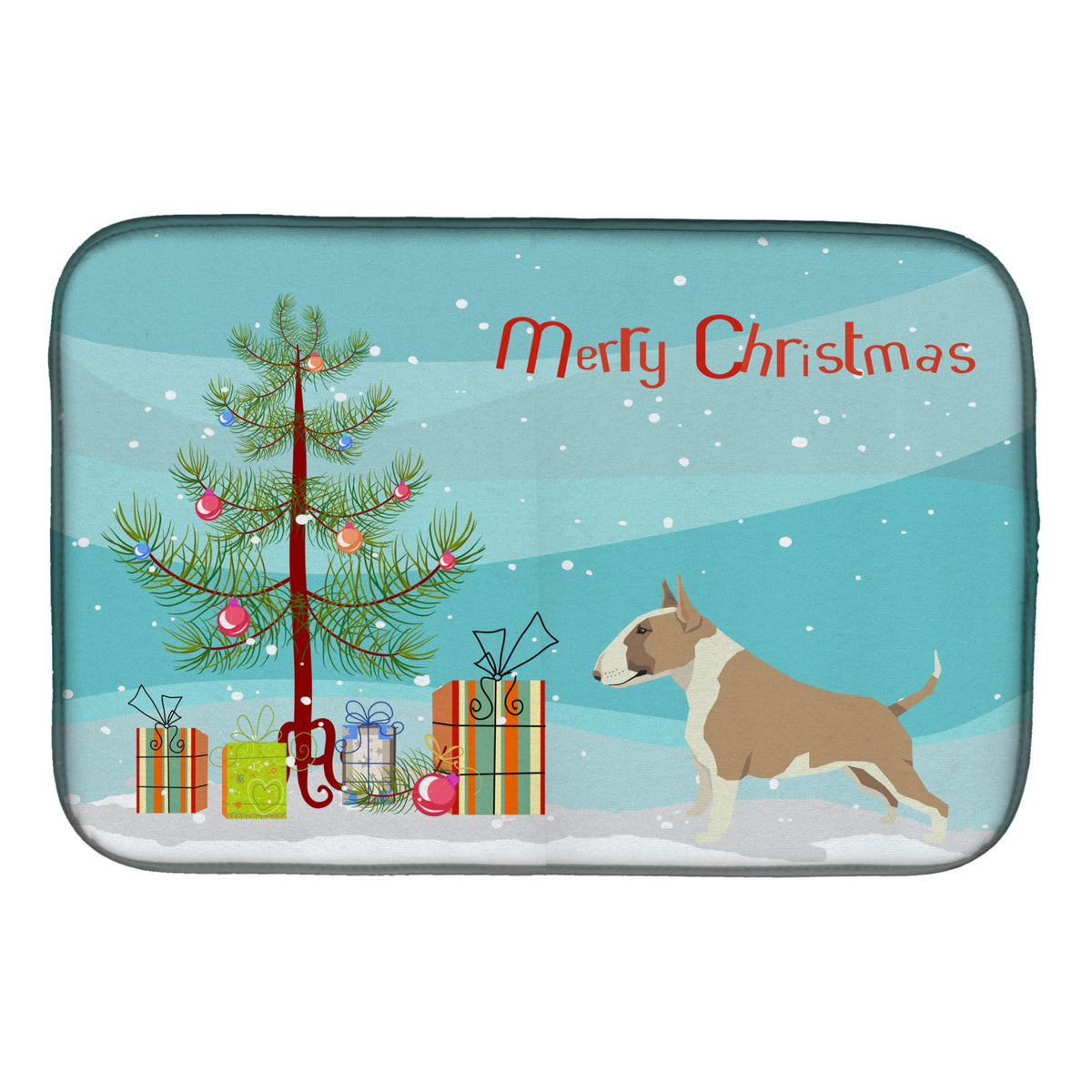 Fawn And White Bull Terrier Christmas Tree Dish Drying Mat