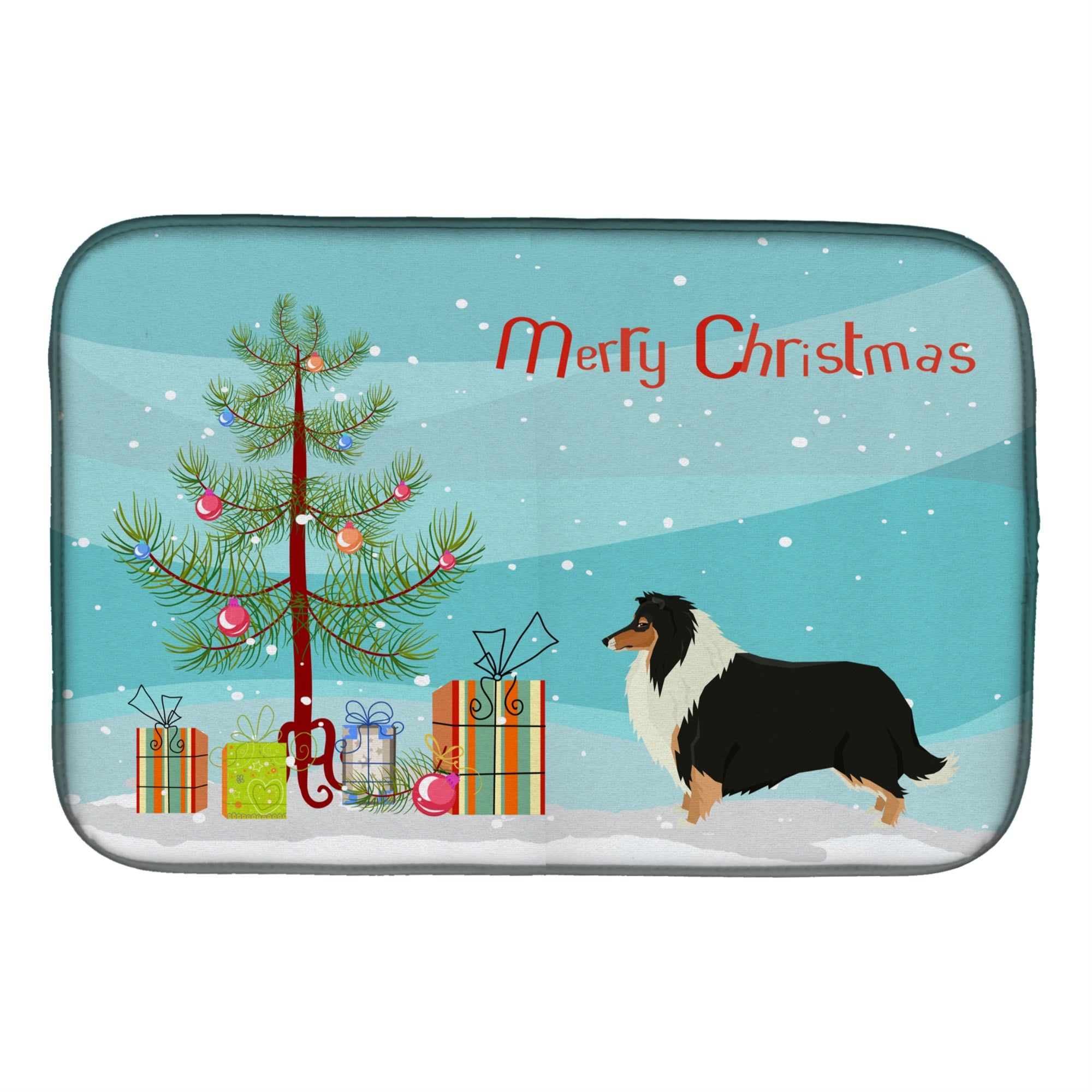 Collie Christmas Tree Dish Drying Mat