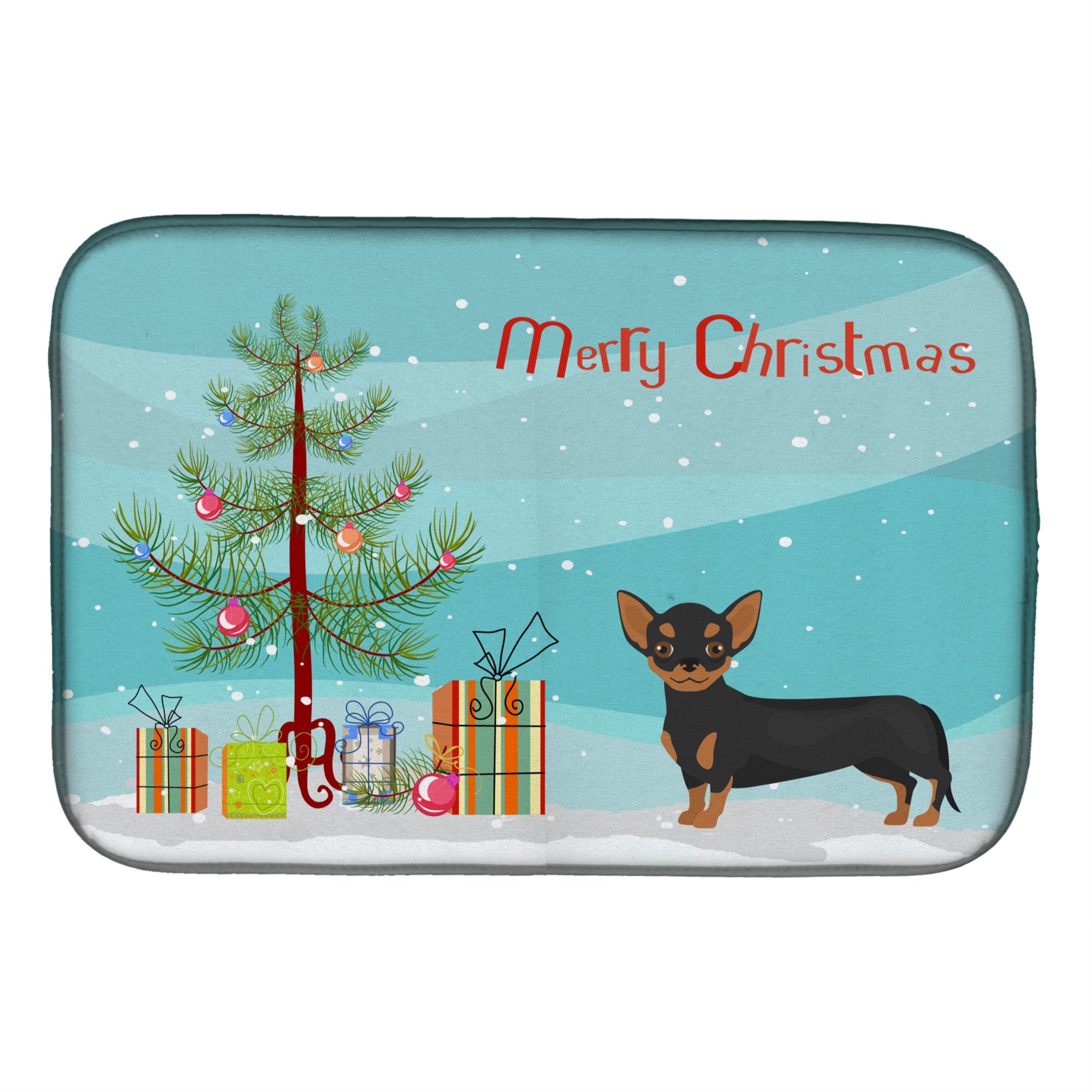 Black And Tan Chiweenie Christmas Tree Dish Drying Mat