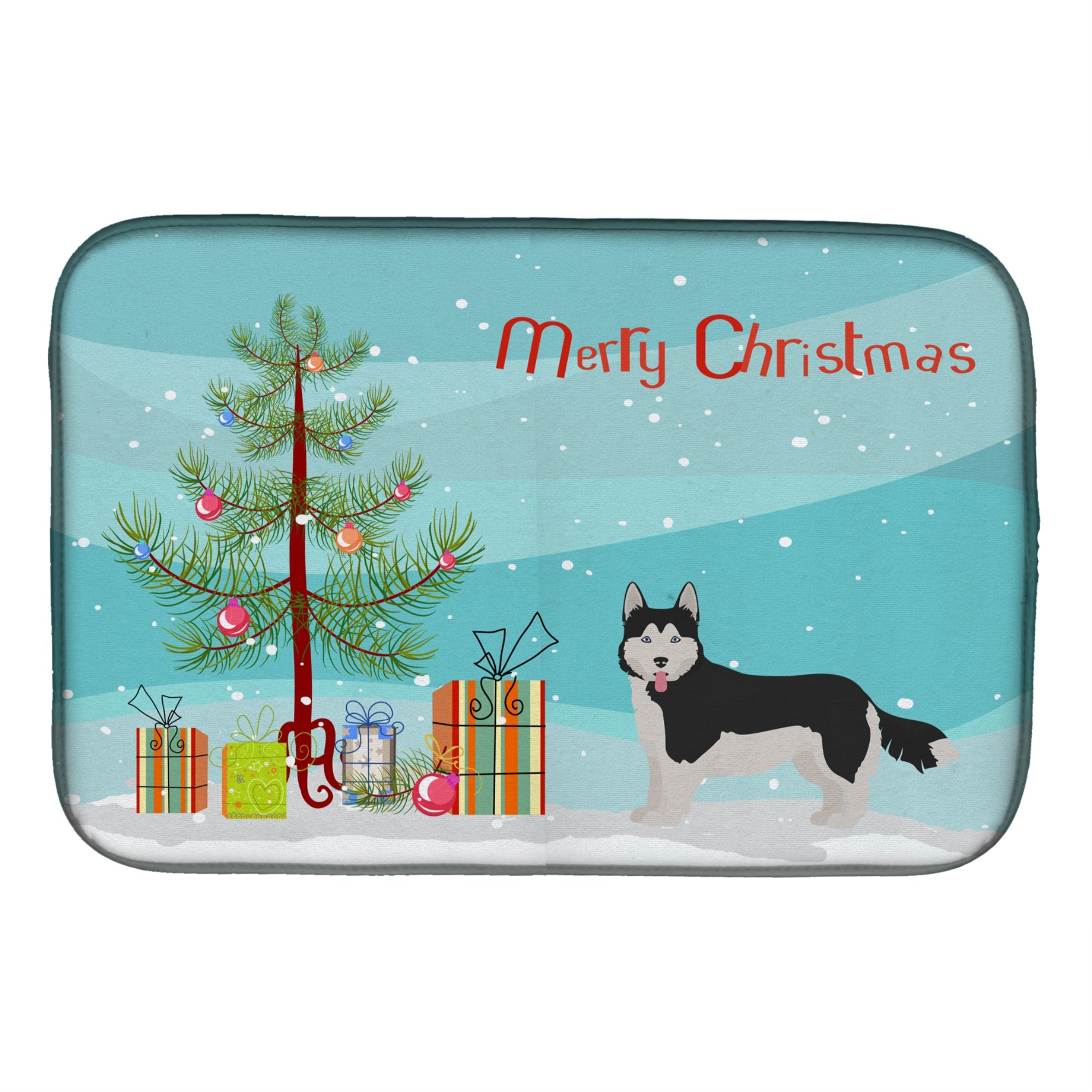Corgi Husky Mix #2 Christmas Tree Dish Drying Mat