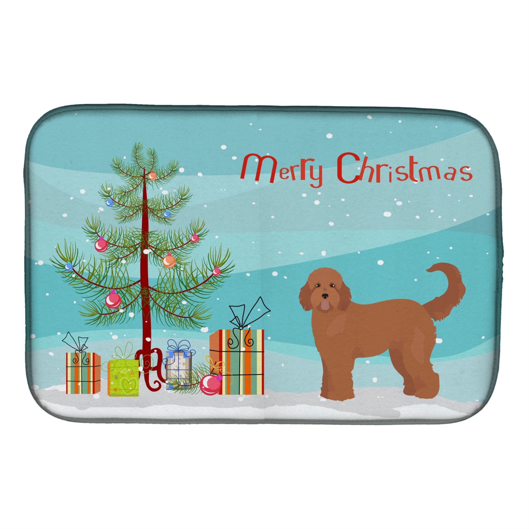 Tan Goldendoodle Christmas Tree Dish Drying Mat