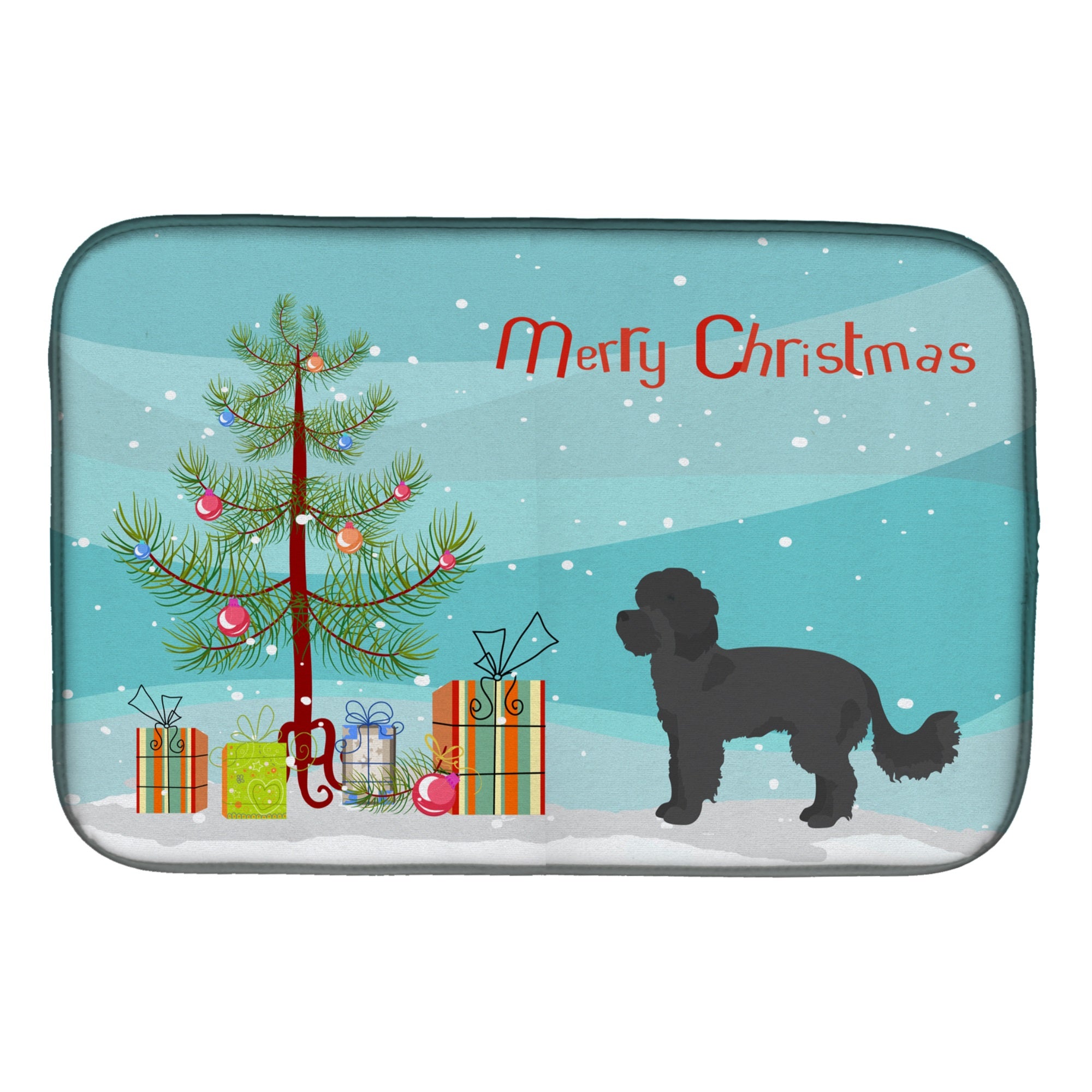 Black Maltipoo Christmas Tree Dish Drying Mat