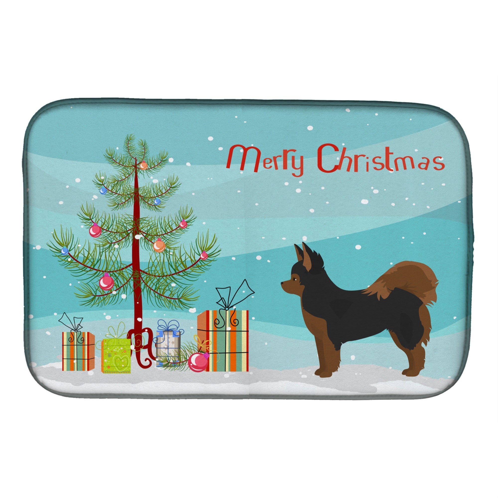 Black And Tan Pomchi Christmas Tree Dish Drying Mat