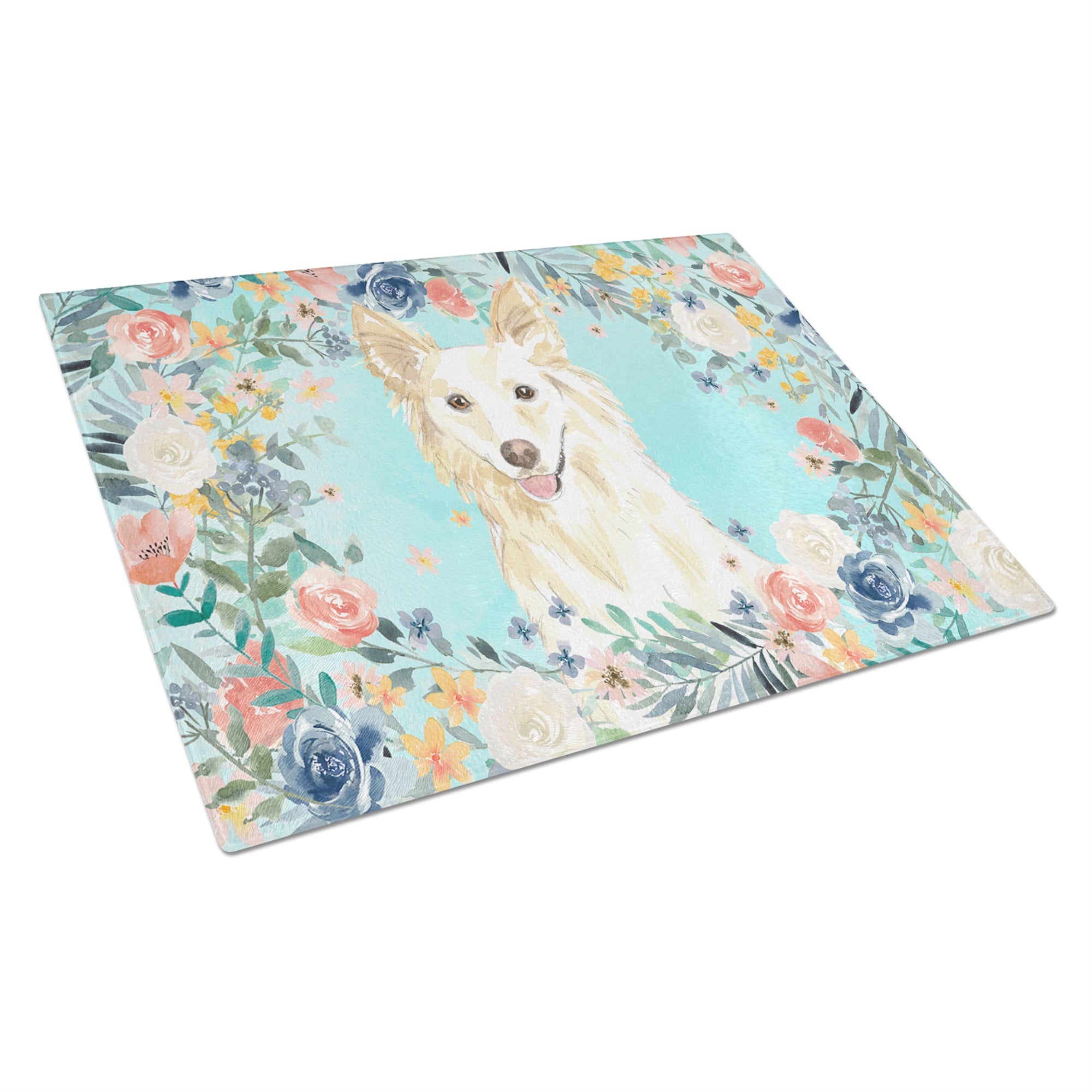 White Collie Glass Cutting Board Large