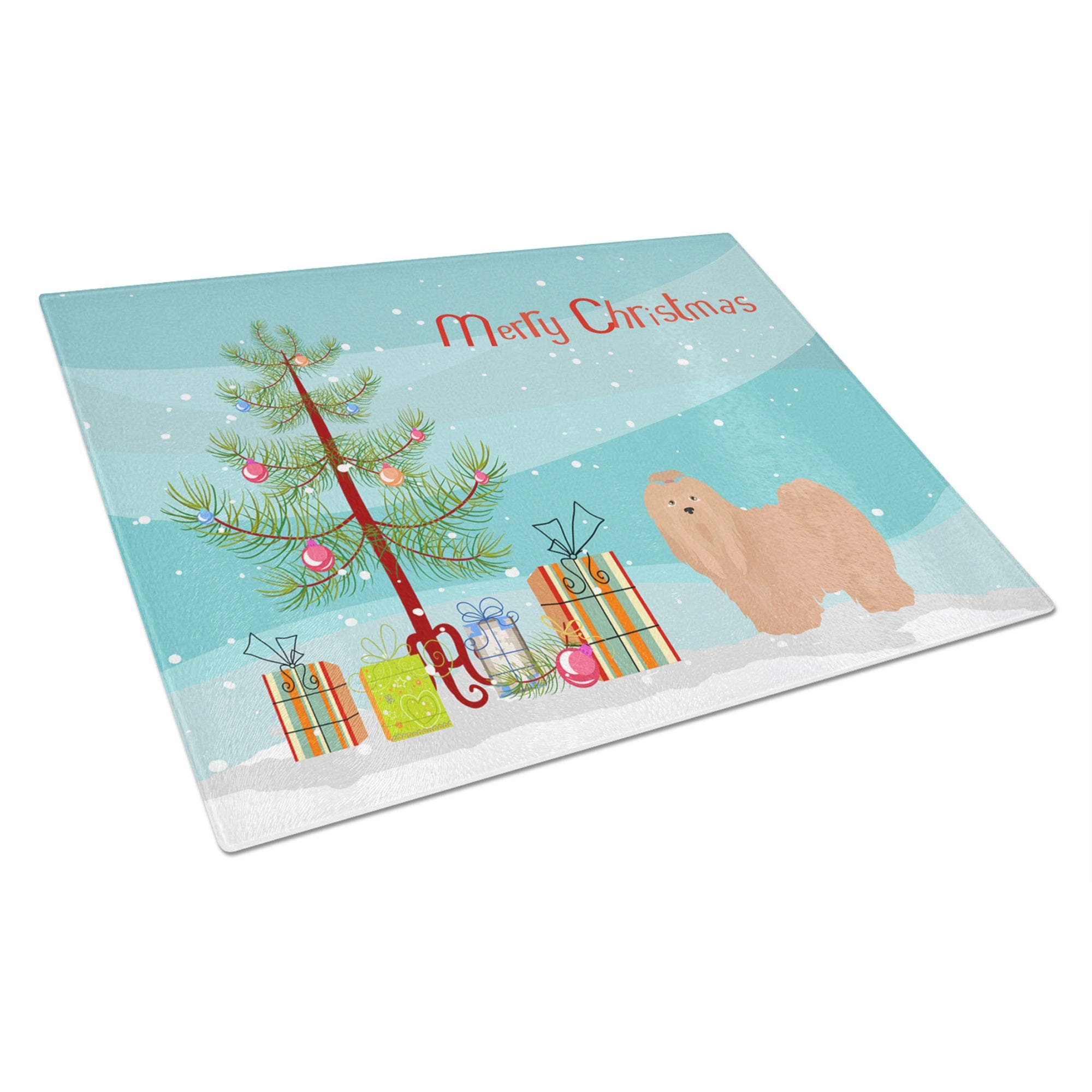 Tan Lhasa Apso Christmas Tree Glass Cutting Board Large