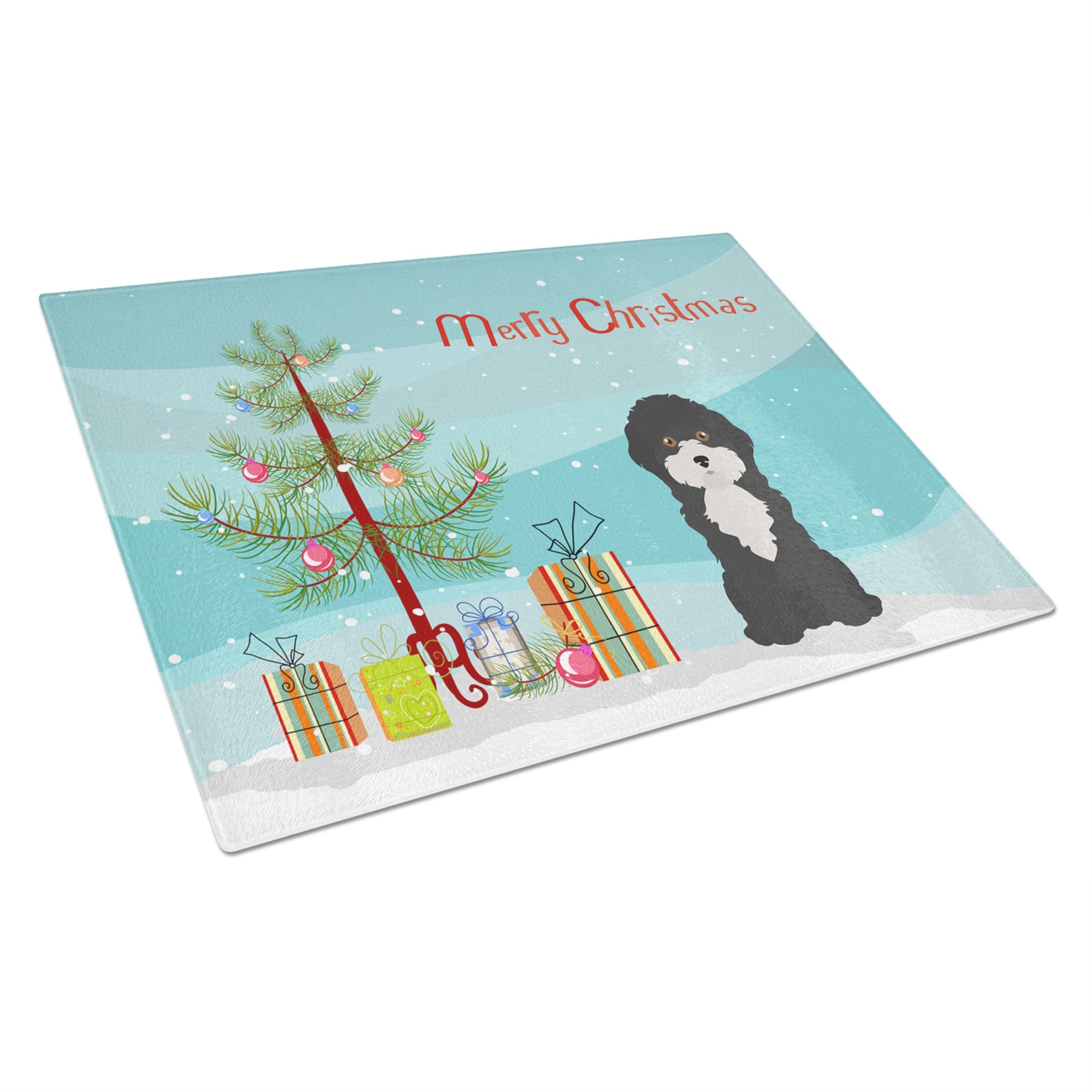 Black And White Cyprus Poodle Christmas Tree Glass Cutting Board Large