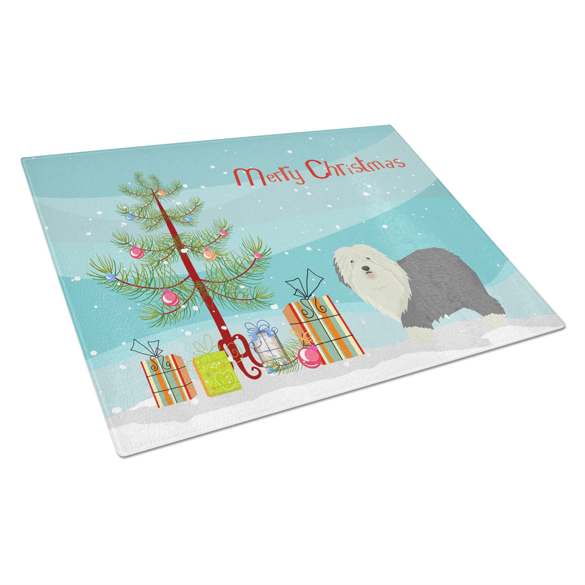 Old English Sheepdog Christmas Tree Glass Cutting Board Large