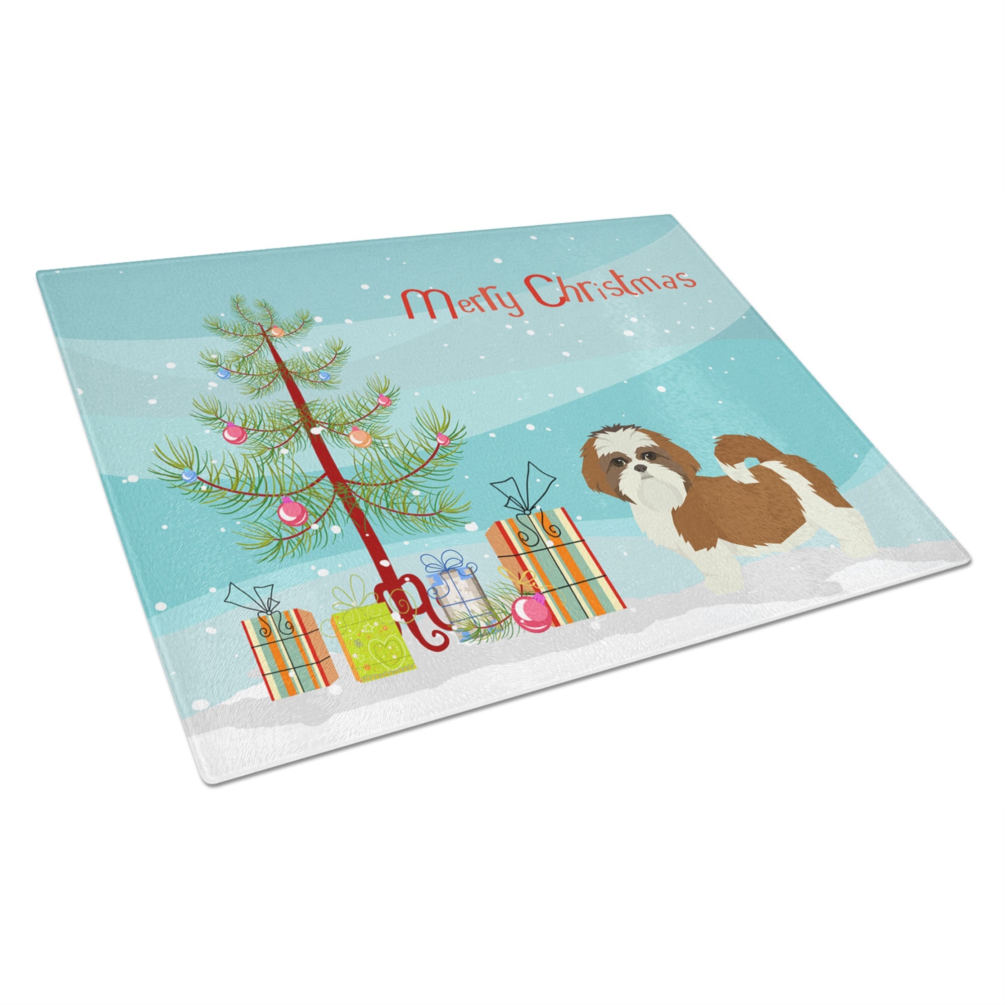 Shih Tzu Christmas Tree Glass Cutting Board Large