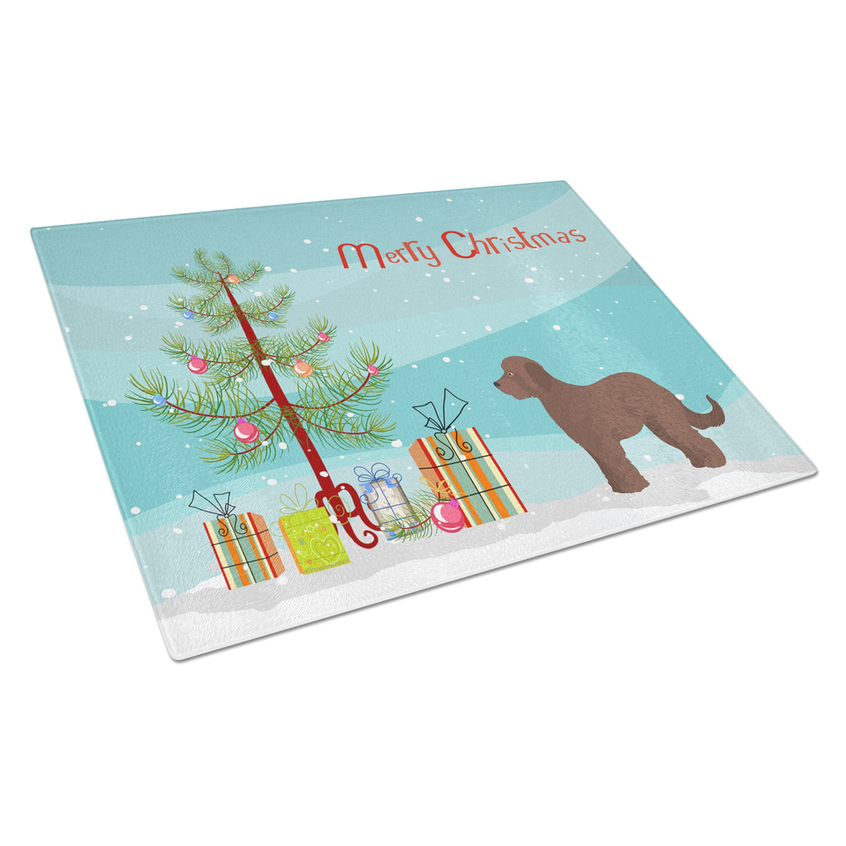 Brown Goldendoodle Christmas Tree Glass Cutting Board Large