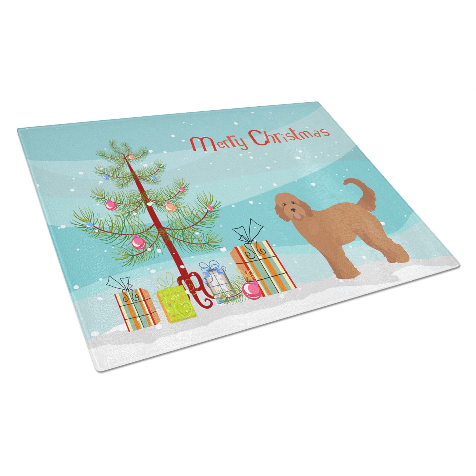 Tan Goldendoodle Christmas Tree Glass Cutting Board Large