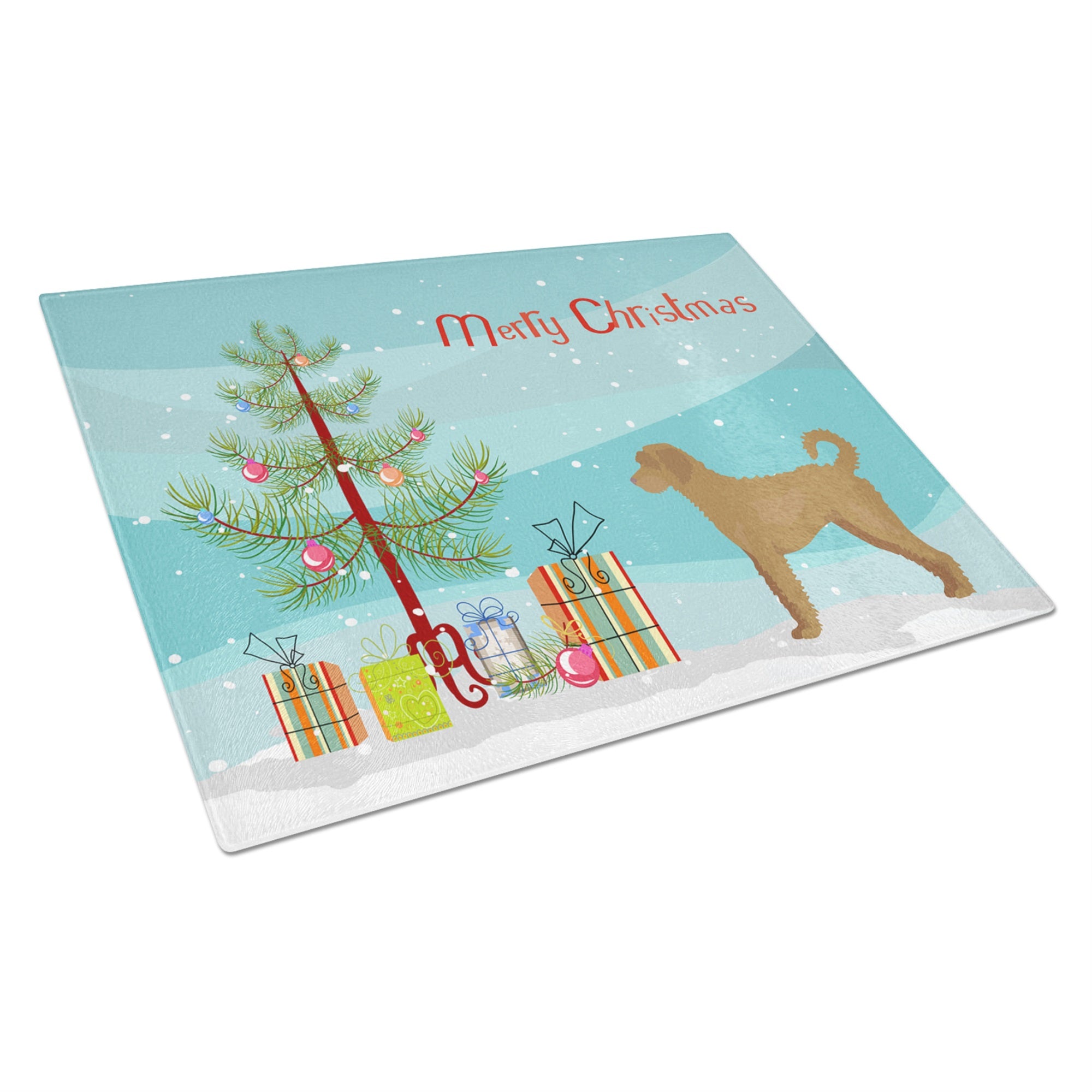 Tan Labradoodle Christmas Tree Glass Cutting Board Large