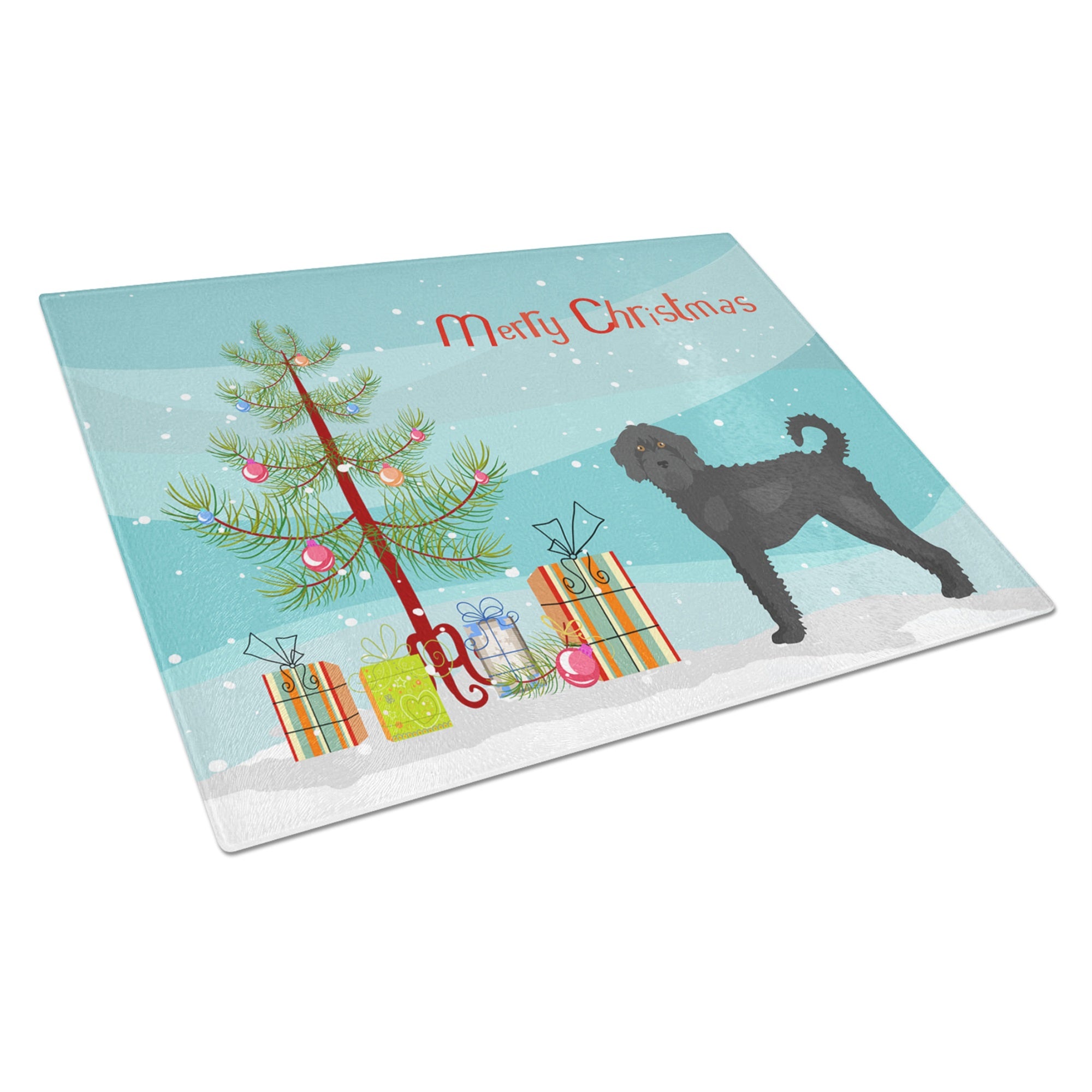 Black Labradoodle Christmas Tree Glass Cutting Board Large