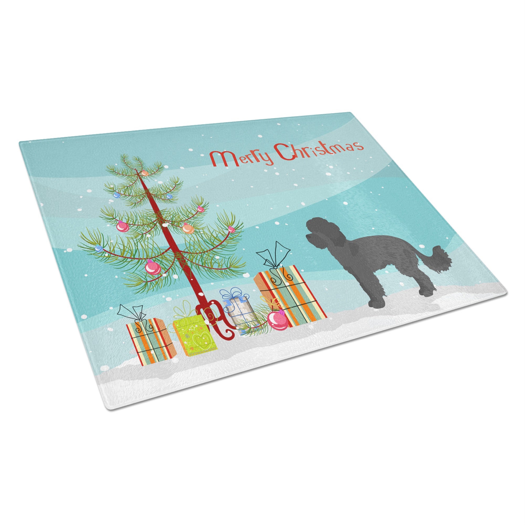 Black Maltipoo Christmas Tree Glass Cutting Board Large