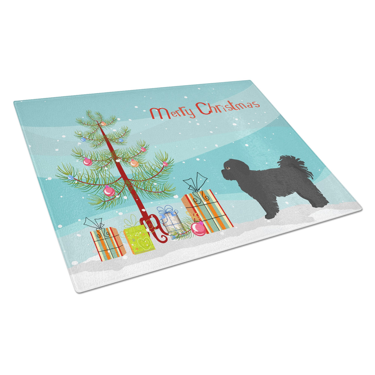 Black Pekeapoo Christmas Tree Glass Cutting Board Large