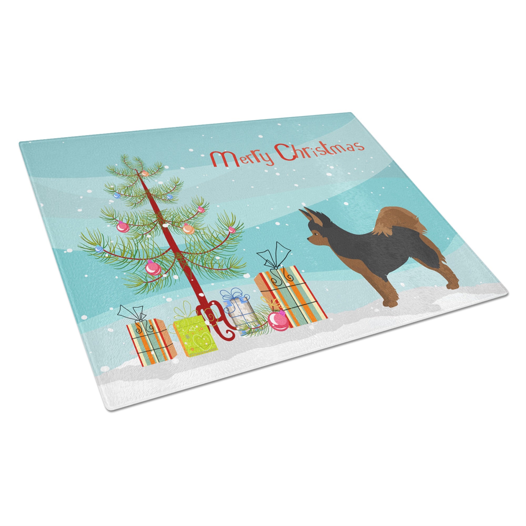Black And Tan Pomchi Christmas Tree Glass Cutting Board Large