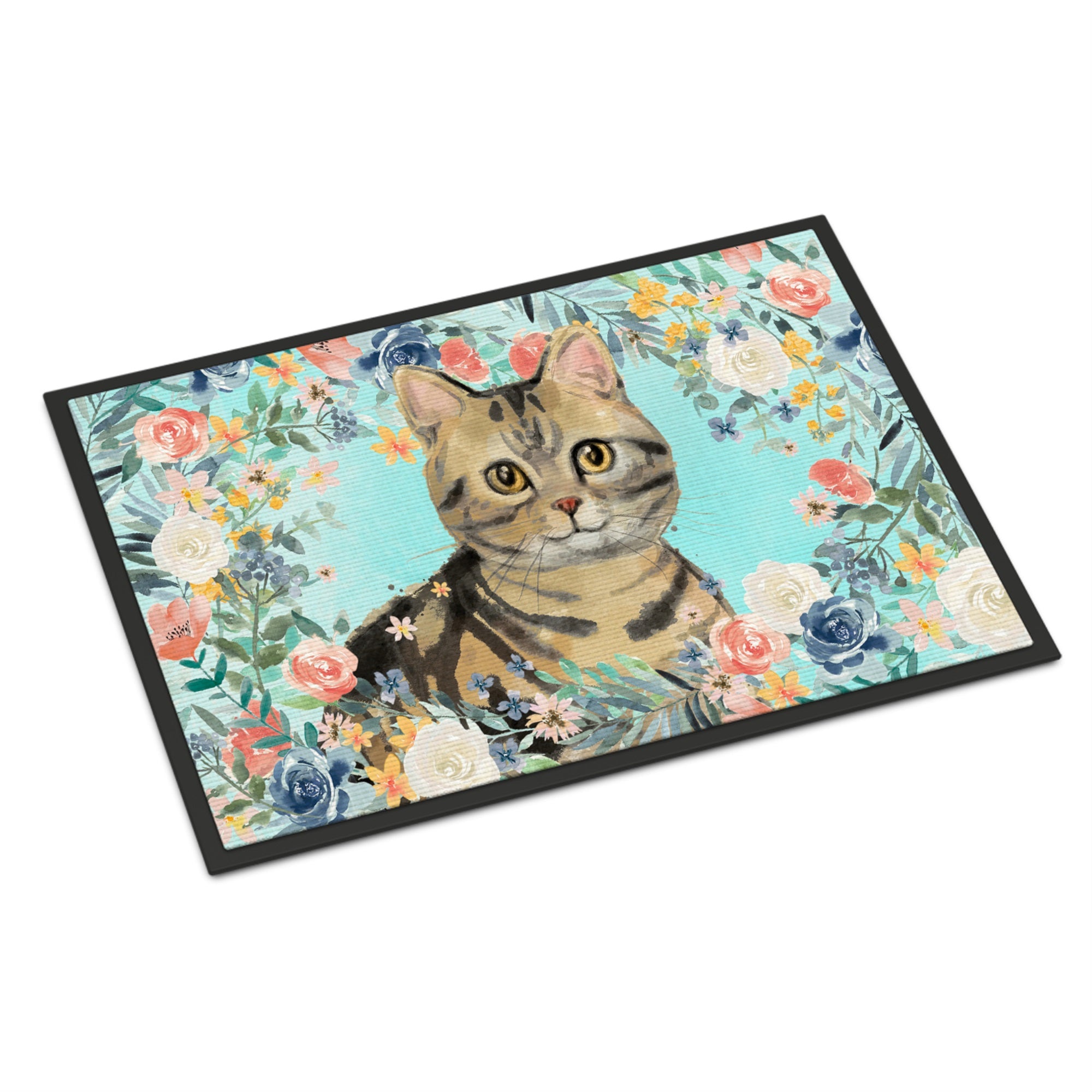 American Shorthair Brown Tabby Spring Flowers Indoor Or Outdoor Mat 18X27