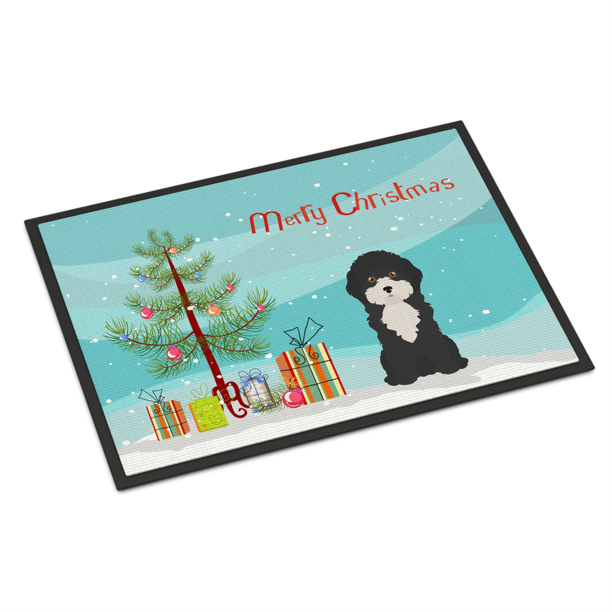 Black And White Cyprus Poodle Christmas Tree Indoor Or Outdoor Mat 18X27