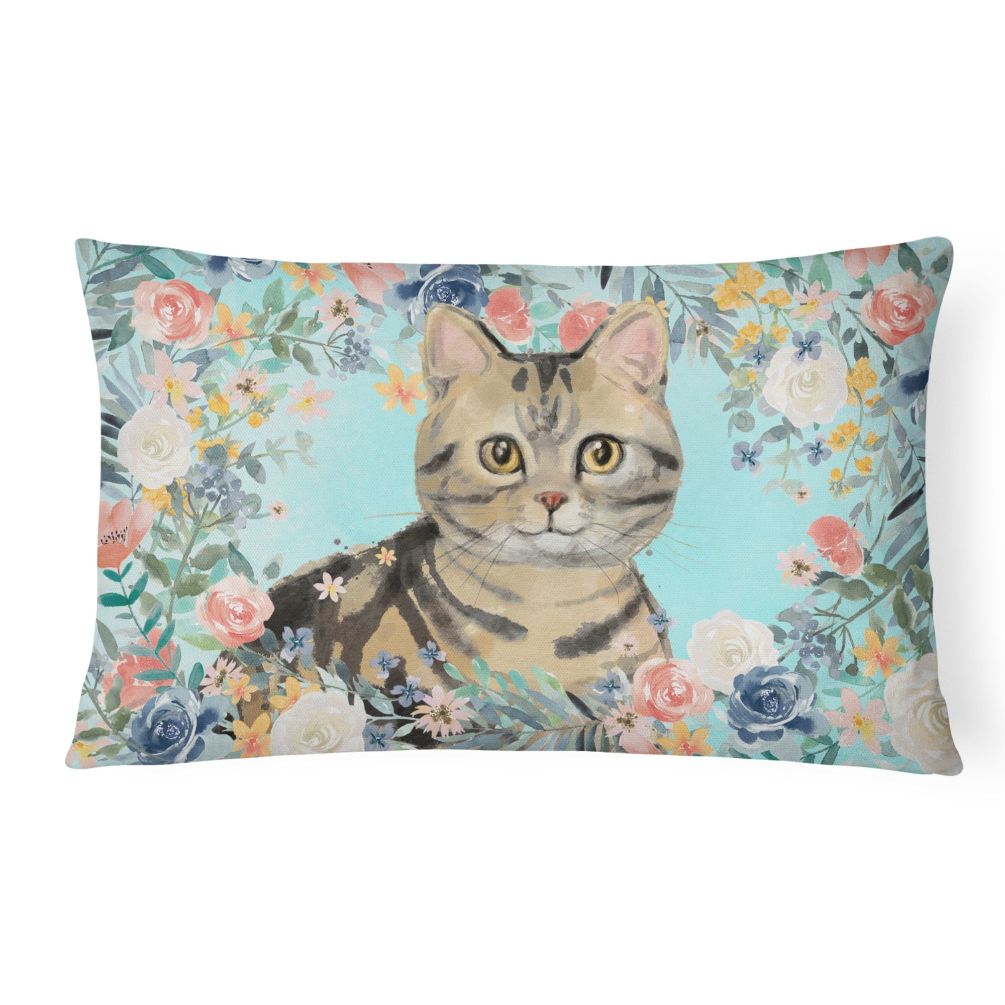 American Shorthair Brown Tabby Spring Flowers Canvas Fabric Decorative Pillow