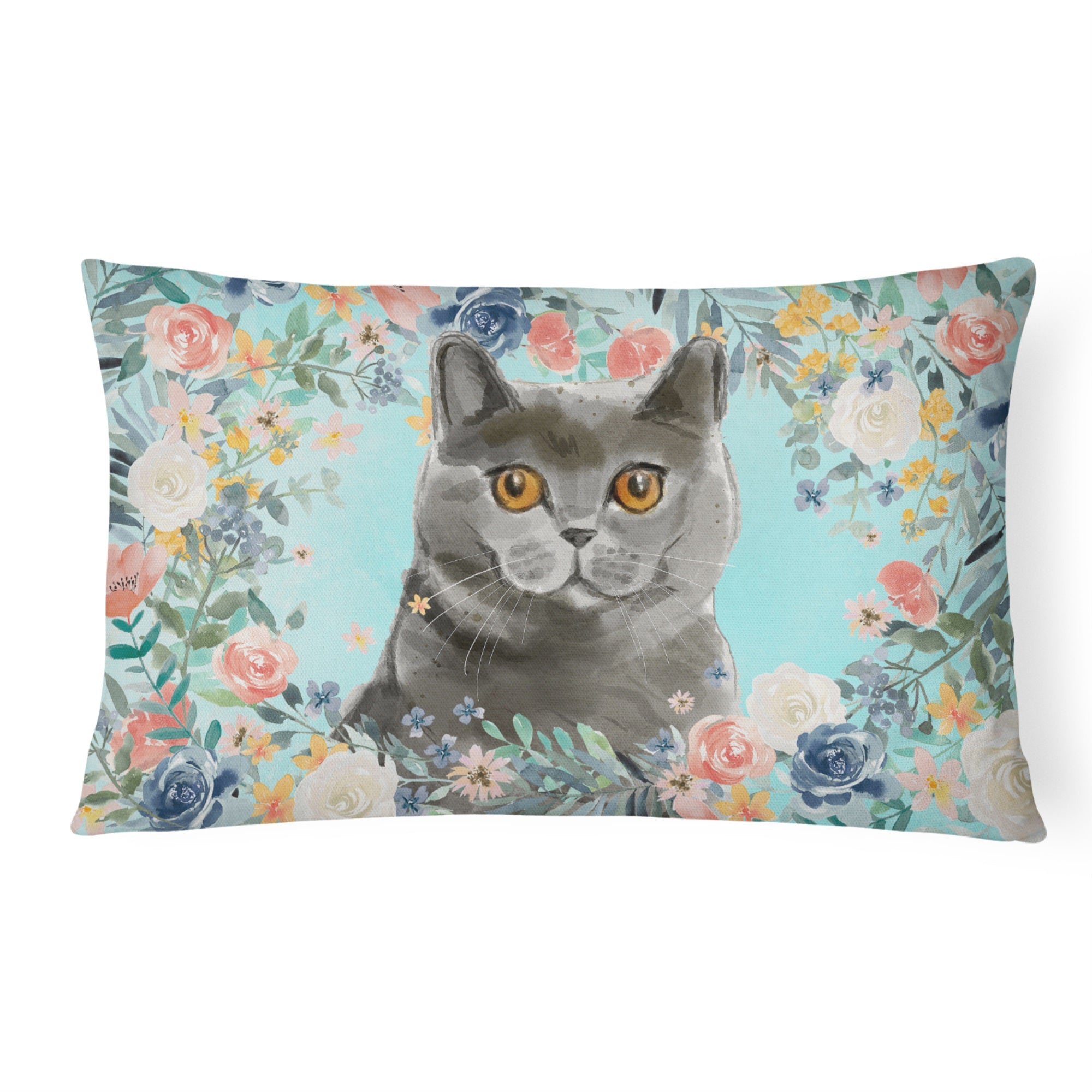 British Shorthair Spring Flowers Canvas Fabric Decorative Pillow