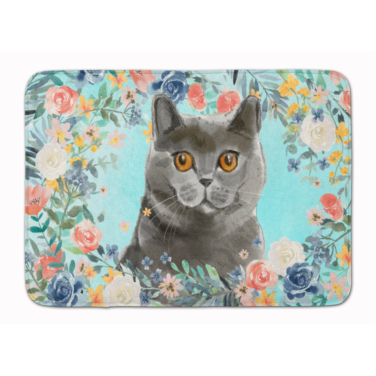 British Shorthair Spring Flowers Machine Washable Memory Foam Mat