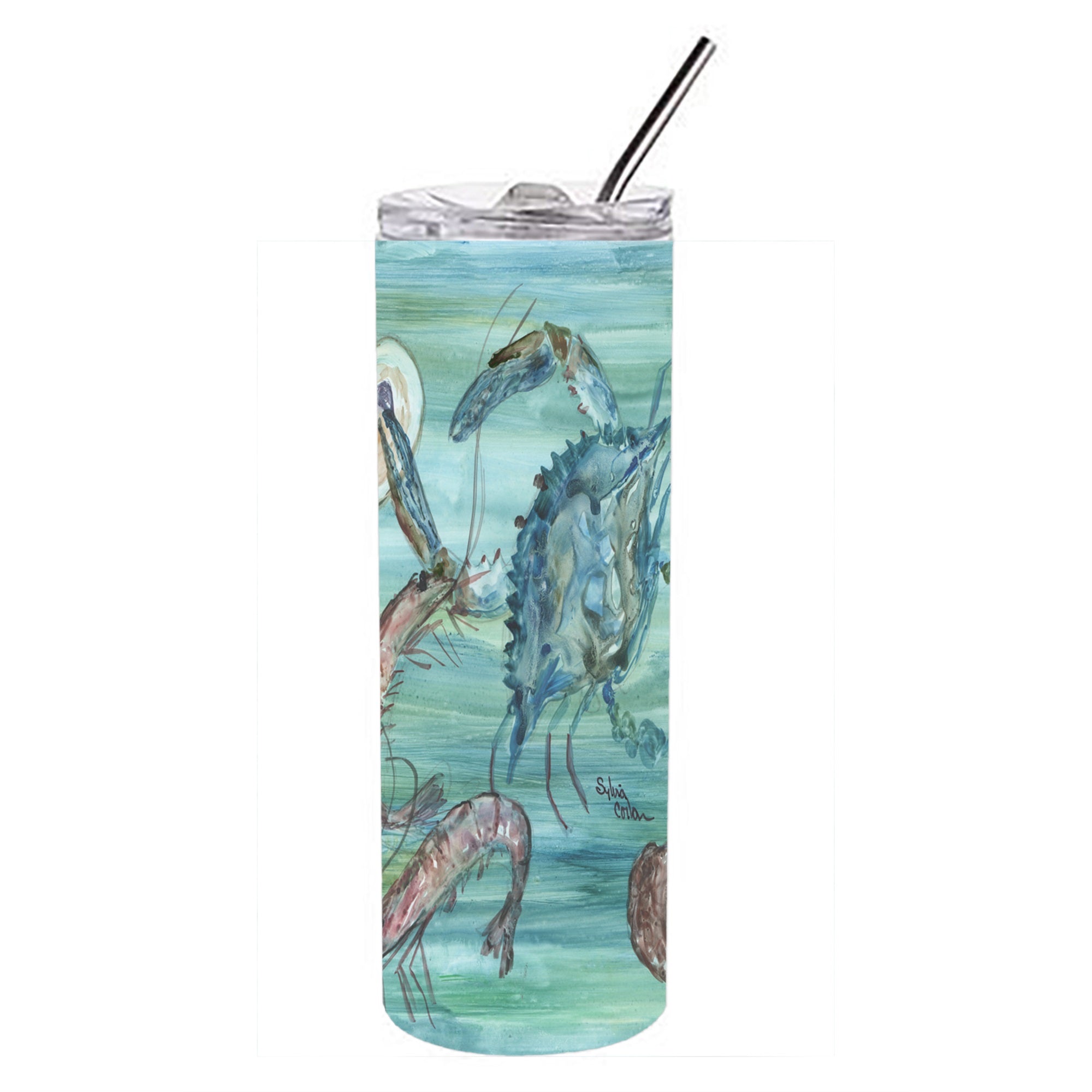 Crab, Shrimp And  Oysters Double Walled Stainless Steel 20 Oz Skinny Tumbler