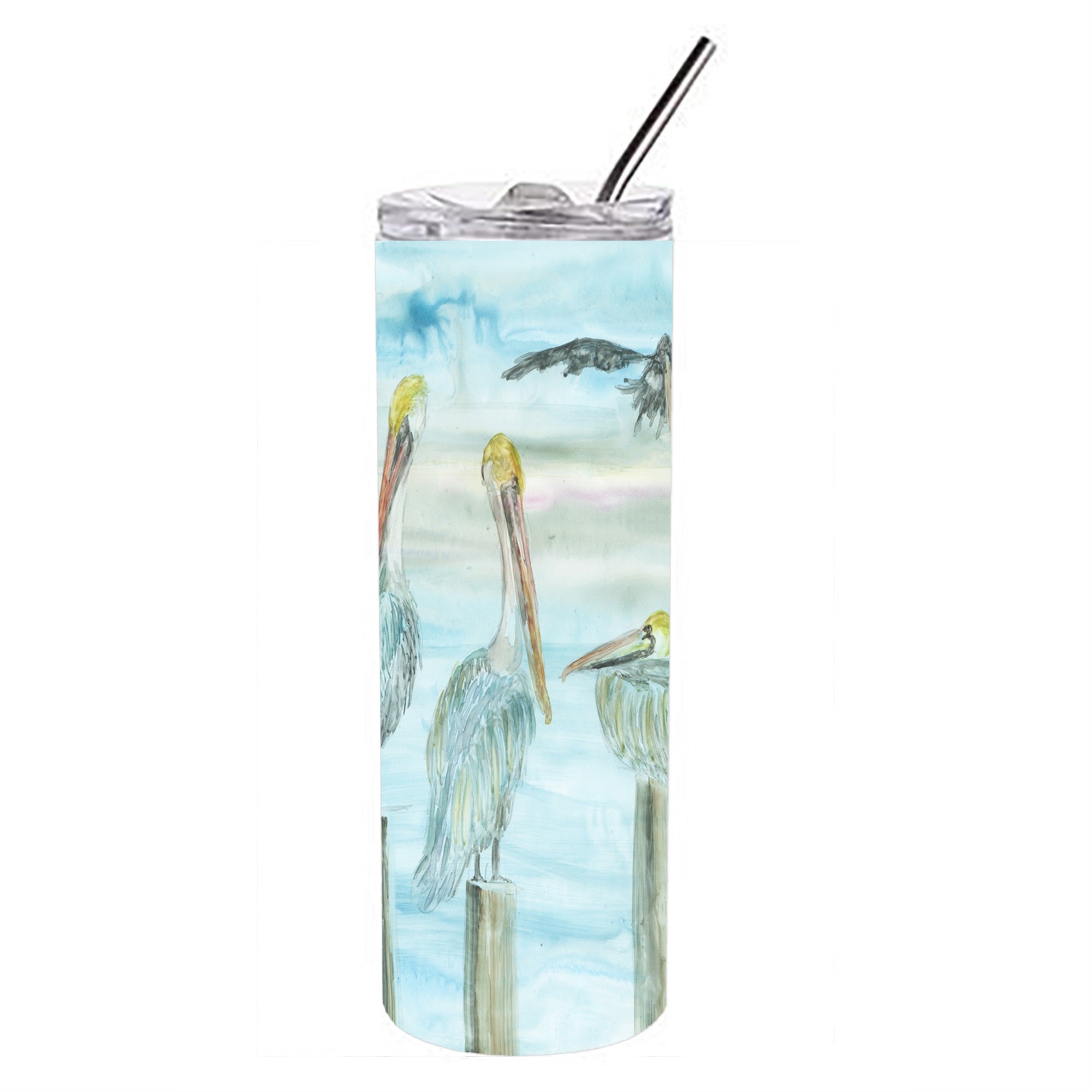 Pelicans In Blue Double Walled Stainless Steel 20 Oz Skinny Tumbler