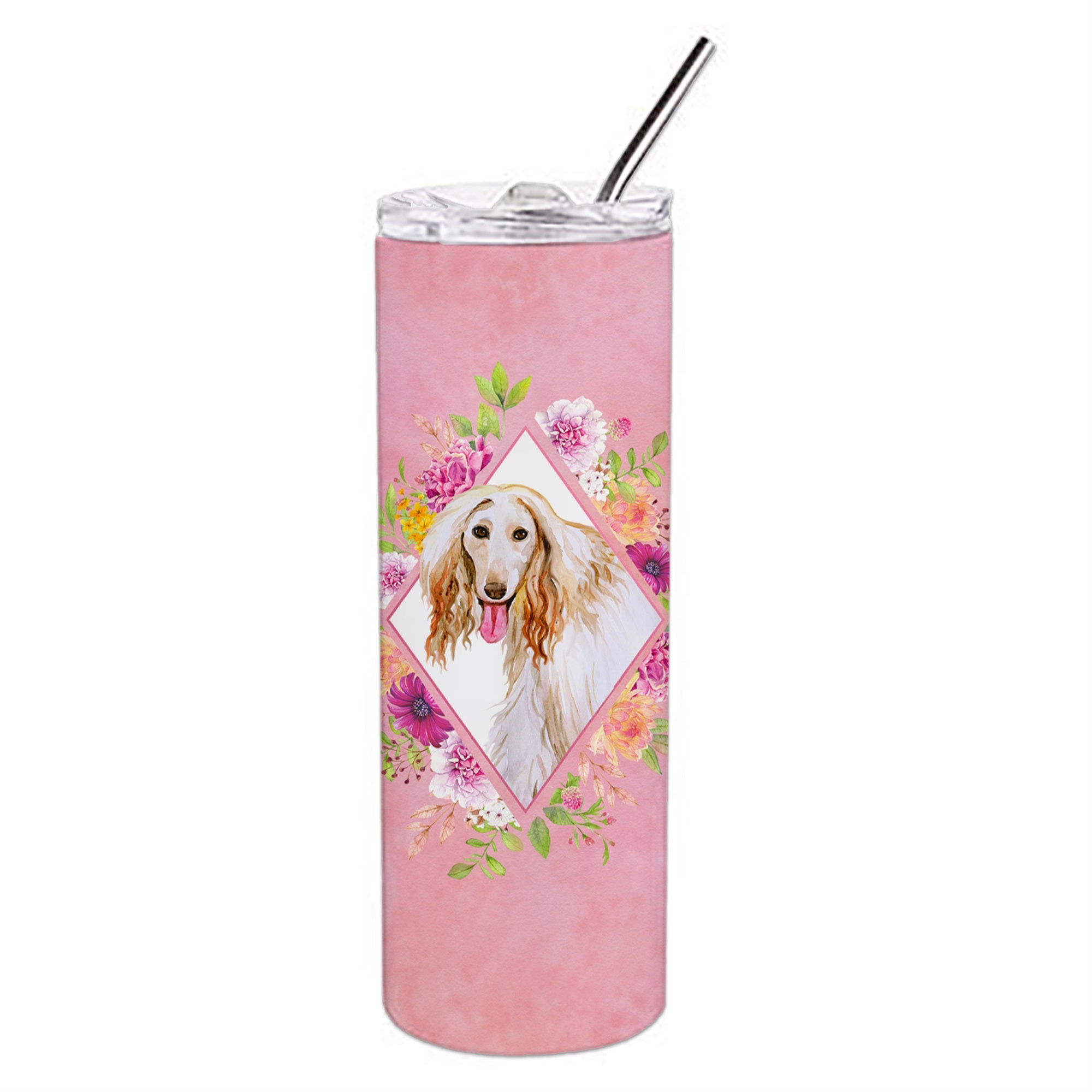 Afghan Hound Pink Flowers Double Walled Stainless Steel 20 Oz Skinny Tumbler