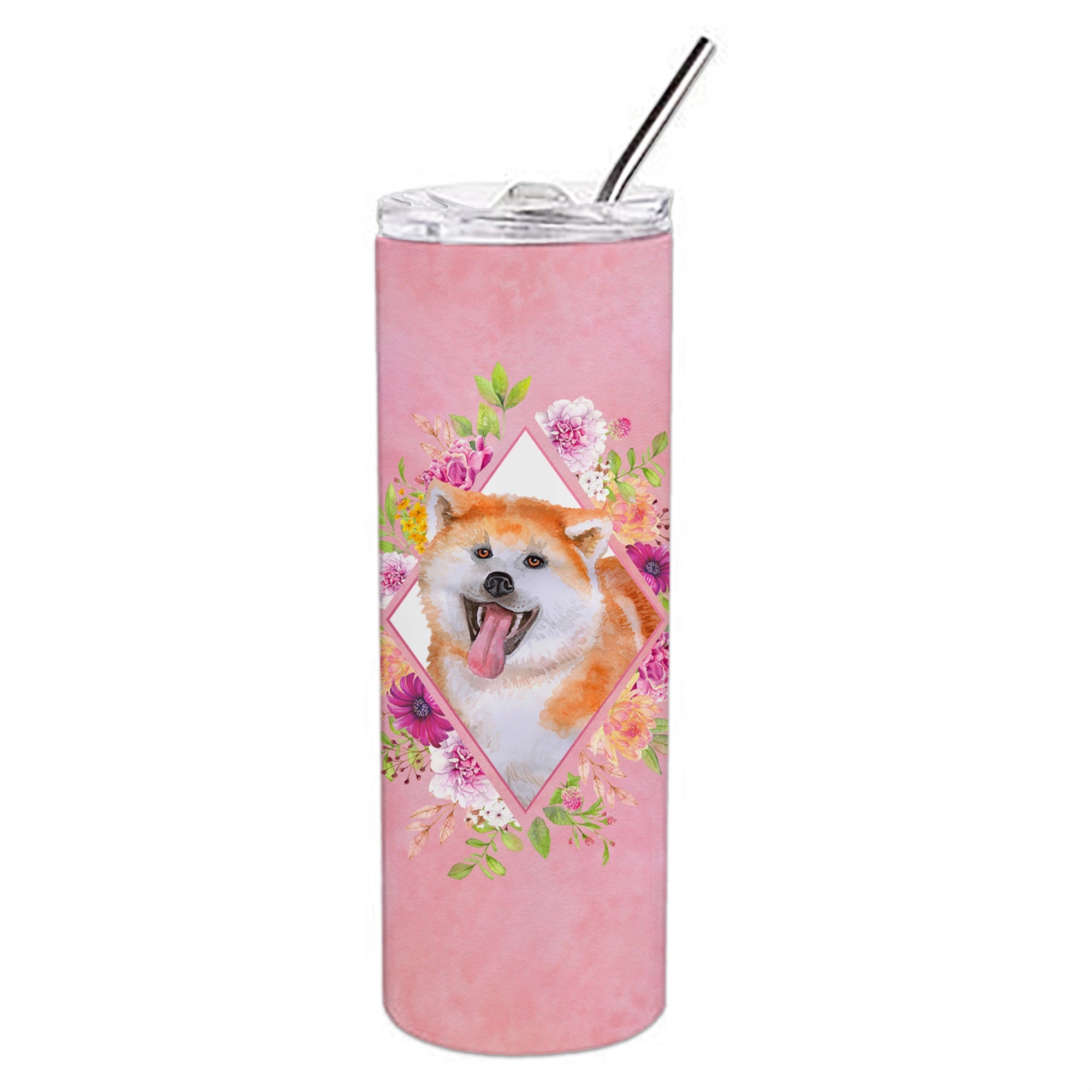 Akita Pink Flowers Double Walled Stainless Steel 20 Oz Skinny Tumbler