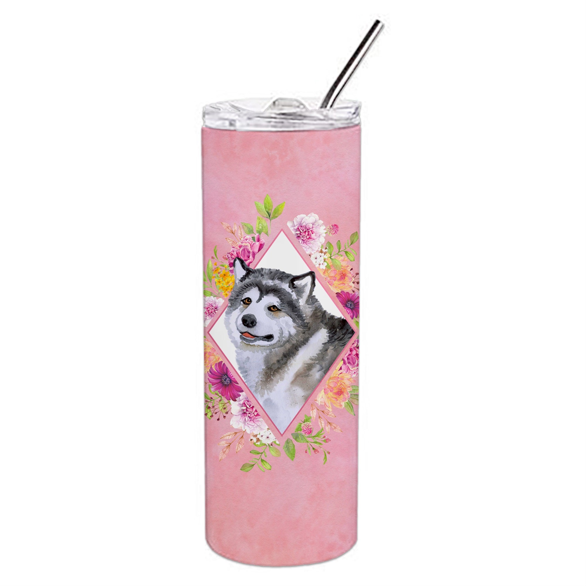 Alaskan Malamute Pink Flowers Double Walled Stainless Steel 20 Oz Skinny Tumbler