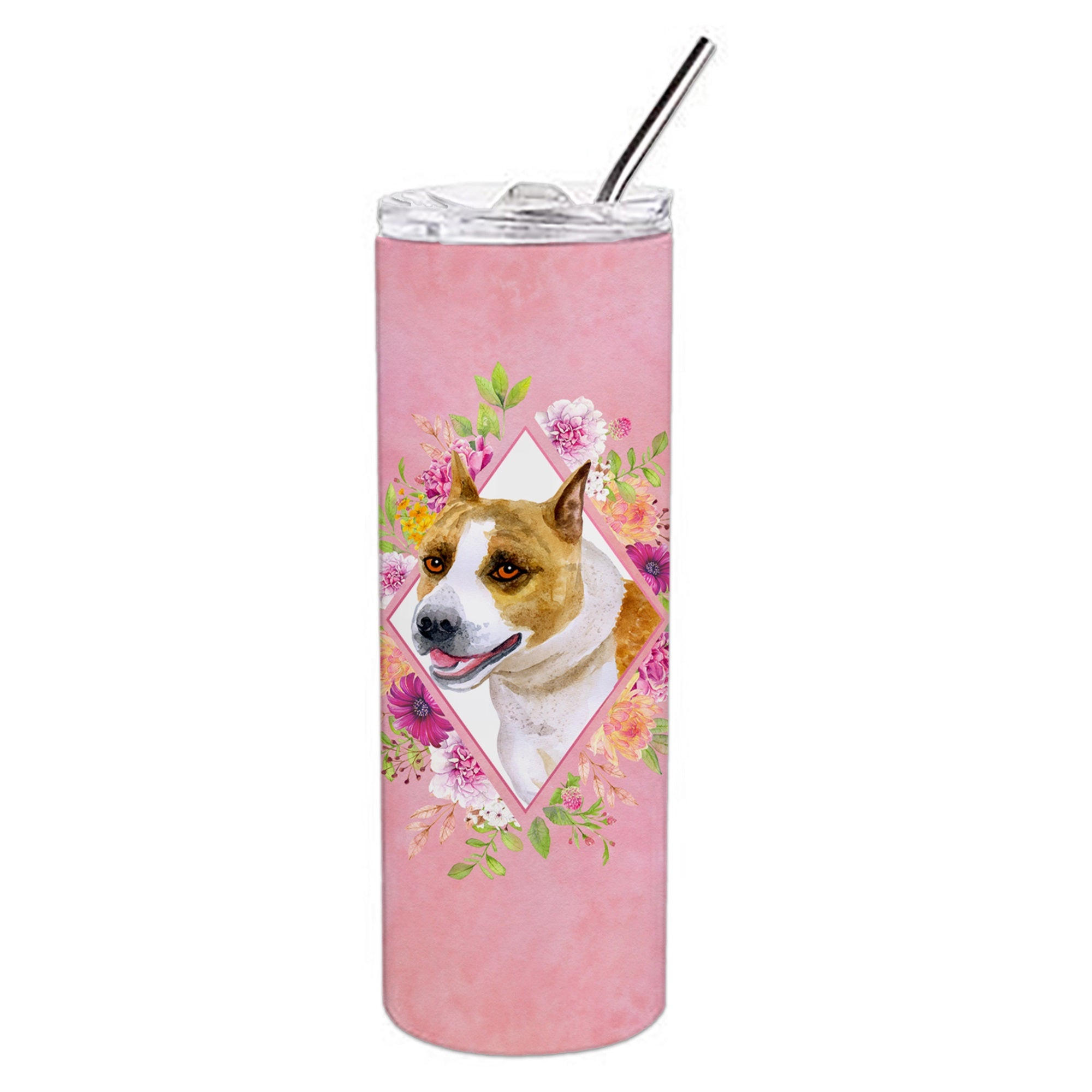 Bull Terrier Pink Flowers Double Walled Stainless Steel 20 Oz Skinny Tumbler