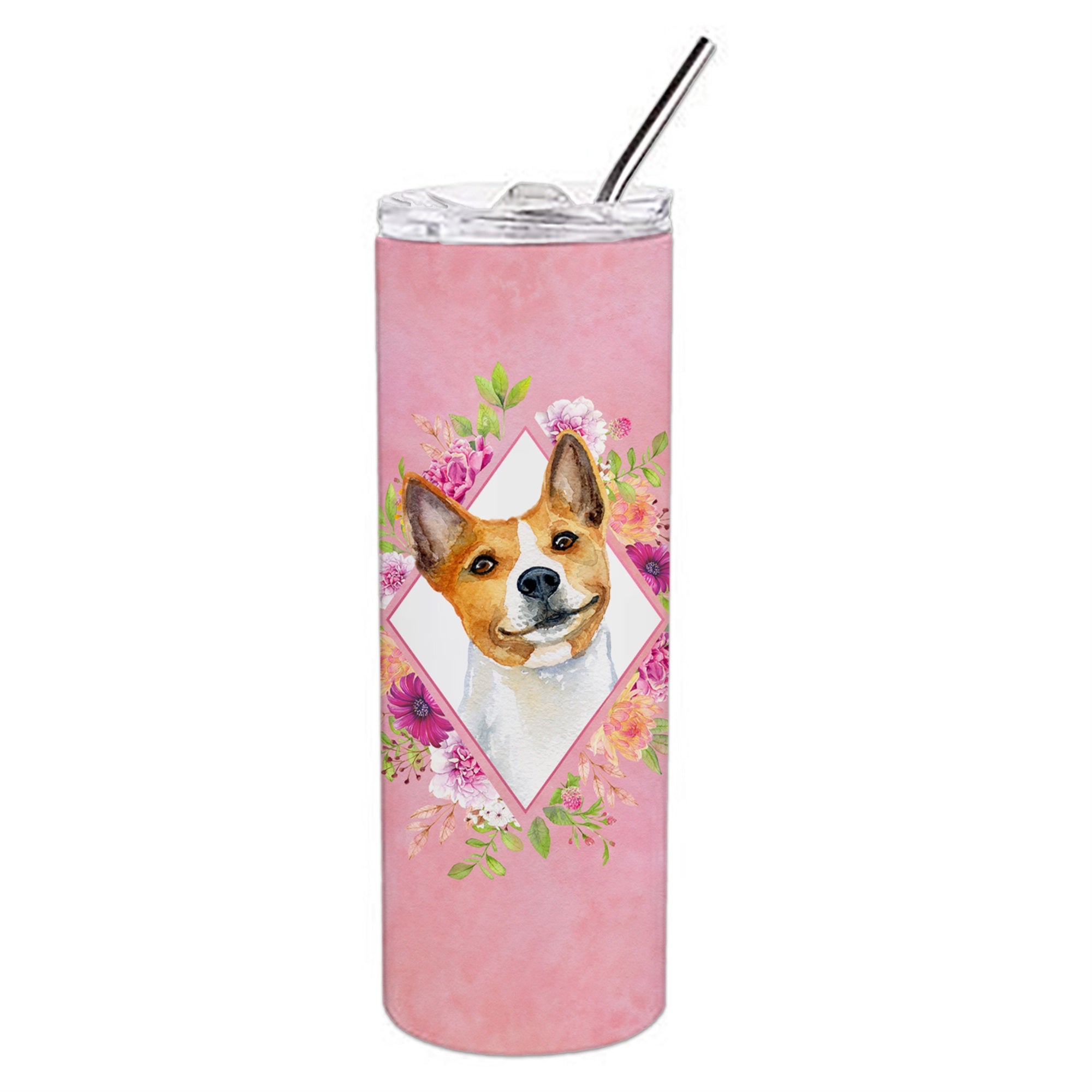 Basenji Pink Flowers Double Walled Stainless Steel 20 Oz Skinny Tumbler