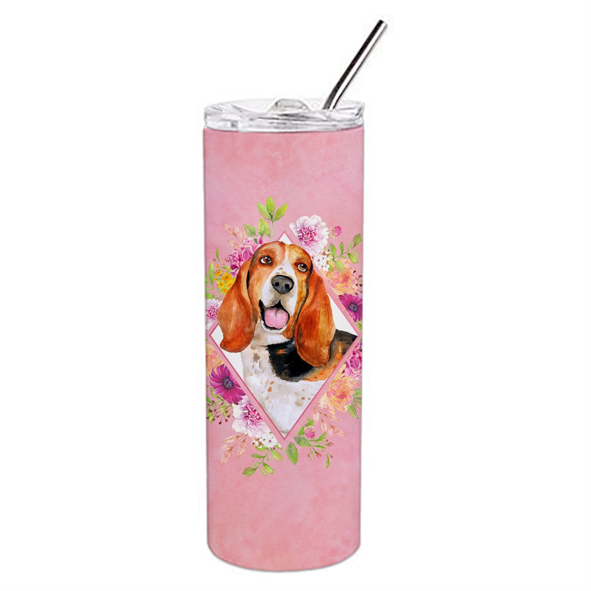 Basset Hound Pink Flowers Double Walled Stainless Steel 20 Oz Skinny Tumbler
