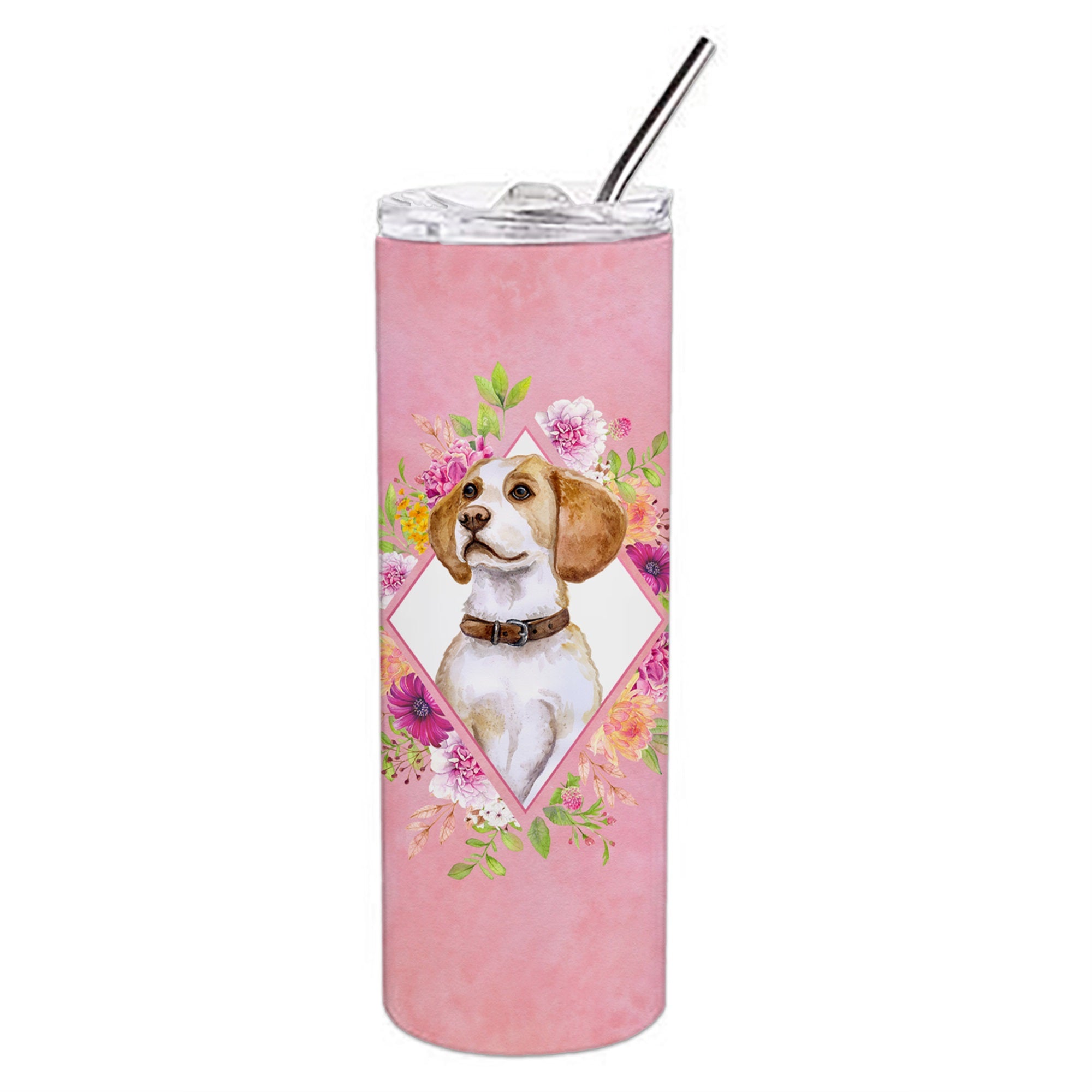 Beagle Pink Flowers Double Walled Stainless Steel 20 Oz Skinny Tumbler