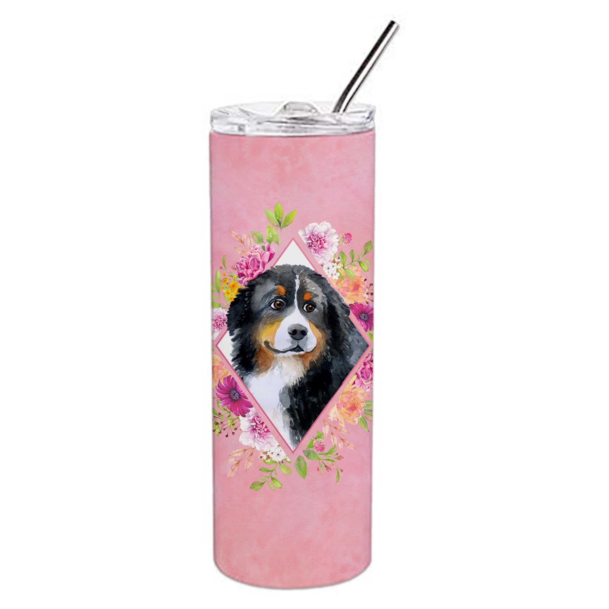 Bernese Mountain Dog Pink Flowers Double Walled Stainless Steel 20 Oz Skinny Tumbler