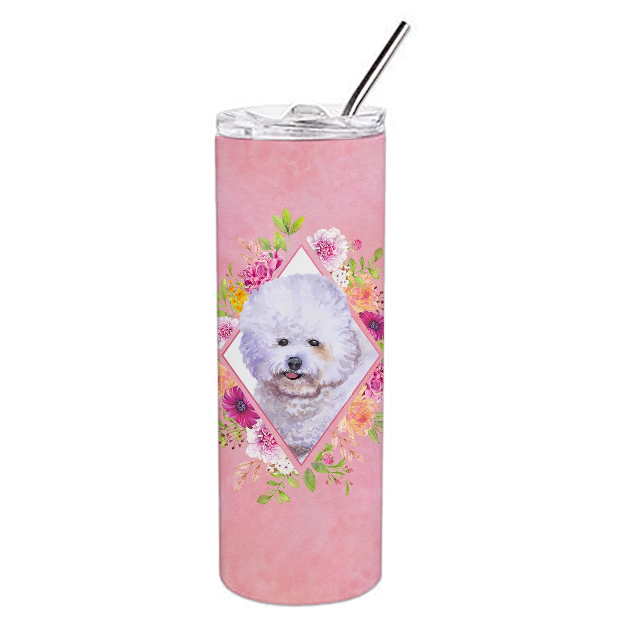 Bichon Fris #2 Pink Flowers Double Walled Stainless Steel 20 Oz Skinny Tumbler