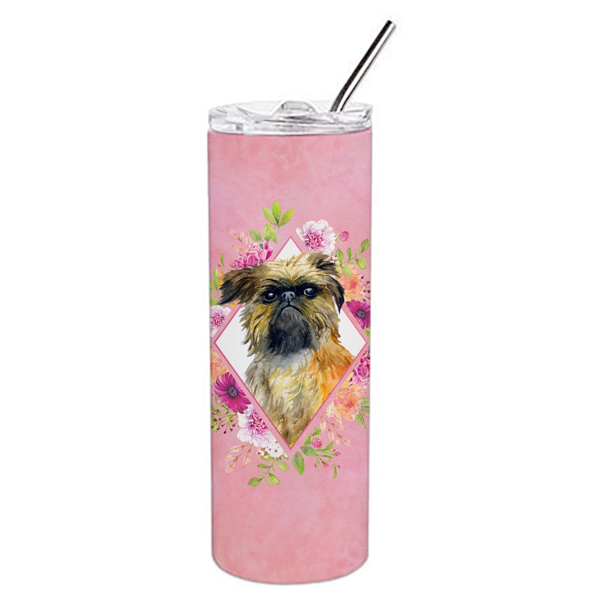 Brussels Griffon Pink Flowers Double Walled Stainless Steel 20 Oz Skinny Tumbler